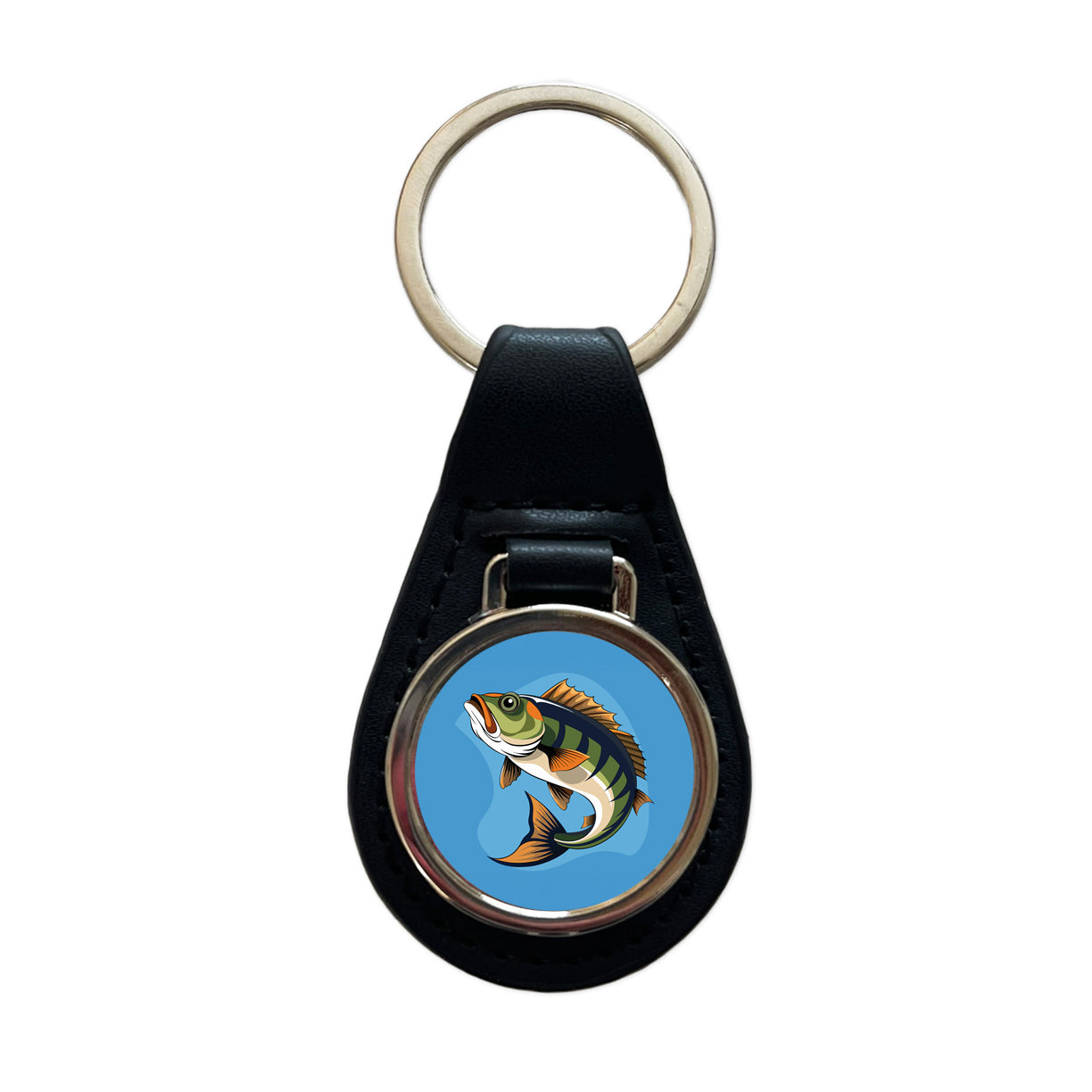 Bass Fish Fishing Black Leather Metal Keychain