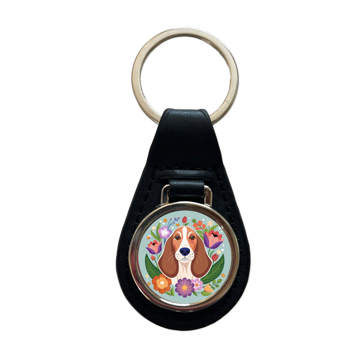 Basset Hound Dog Floral Flowers Black Leather Metal Keychain