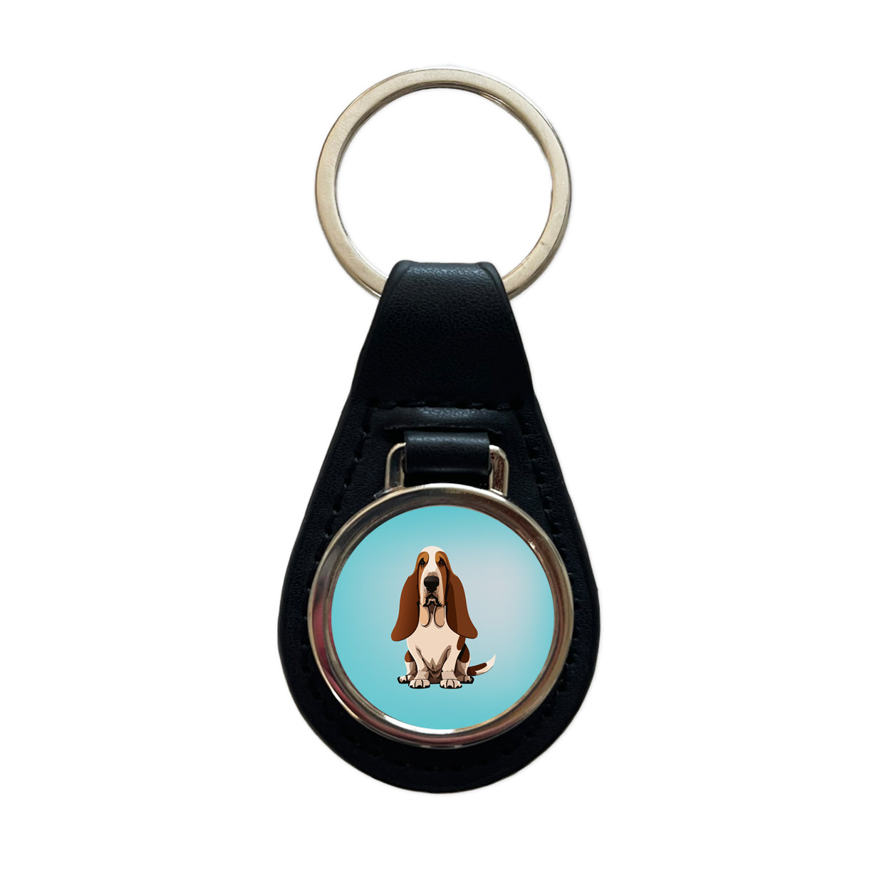 Basset Hound Dog Sitting Black Leather Metal Keychain