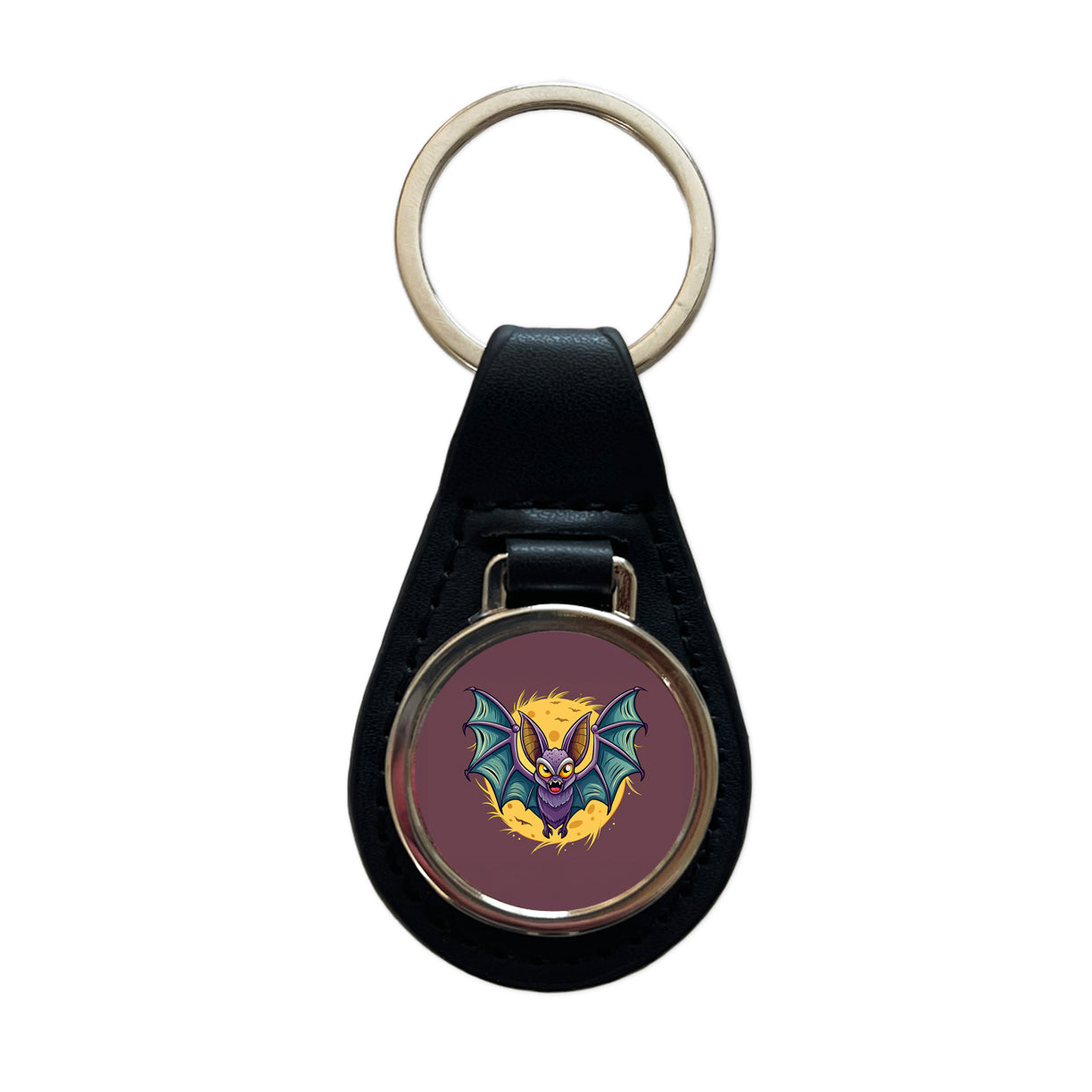 Bat Flying Halloween Spooky Black Leather Metal Keychain