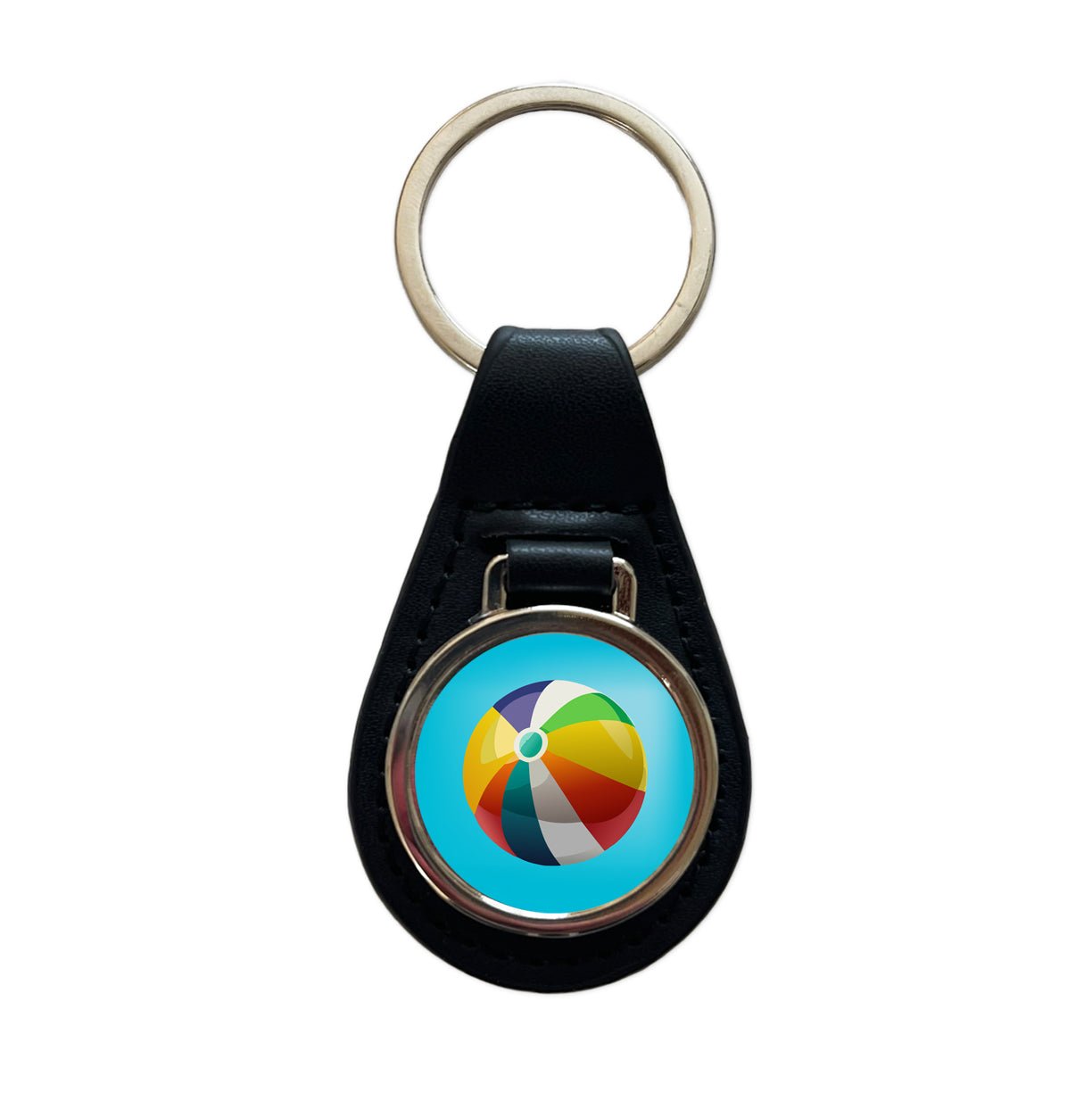 Beach Ball Colorful Black Leather Metal Keychain