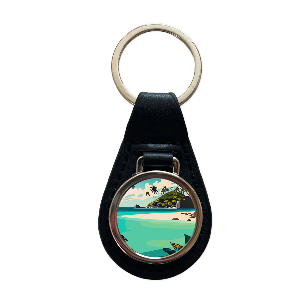 Beach Tropical Island Paradise Vacation Black Leather Metal Keychain