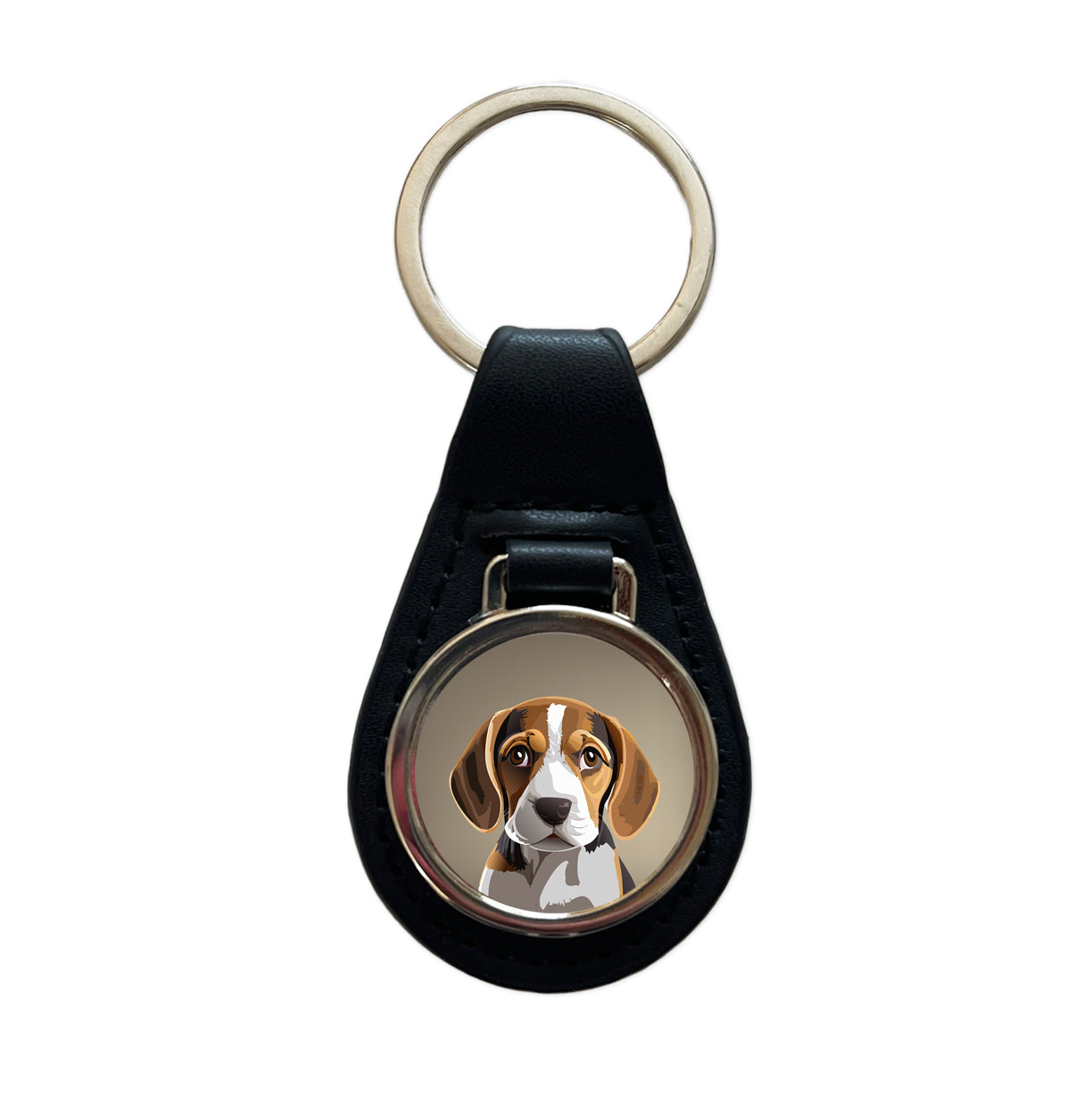Beagle Dog Staring Black Leather Metal Keychain