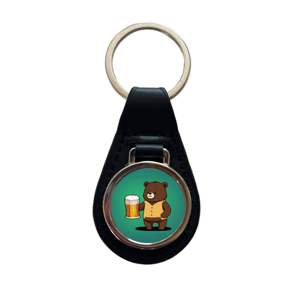Bear Drinking Beer Standing Funny Black Leather Metal Keychain