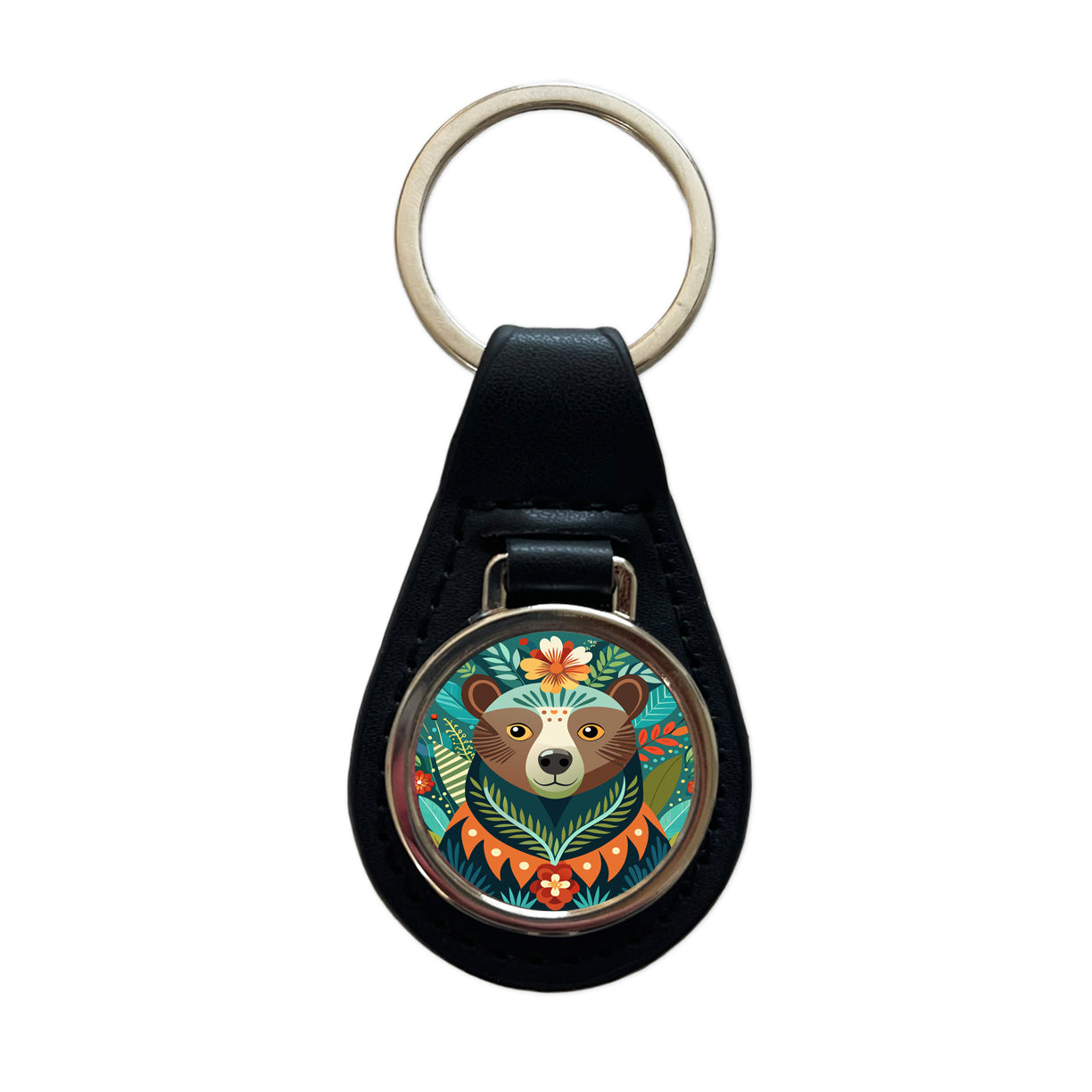 Bear Floral Flowers Black Leather Metal Keychain