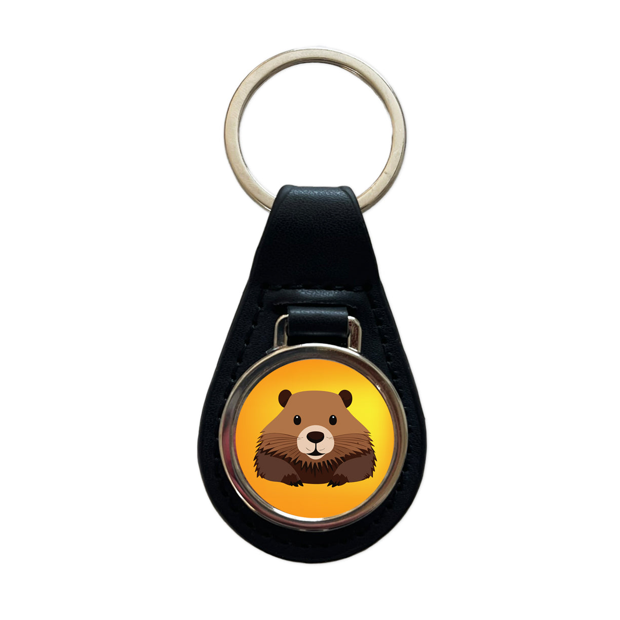 Beaver Cute Staring Black Leather Metal Keychain