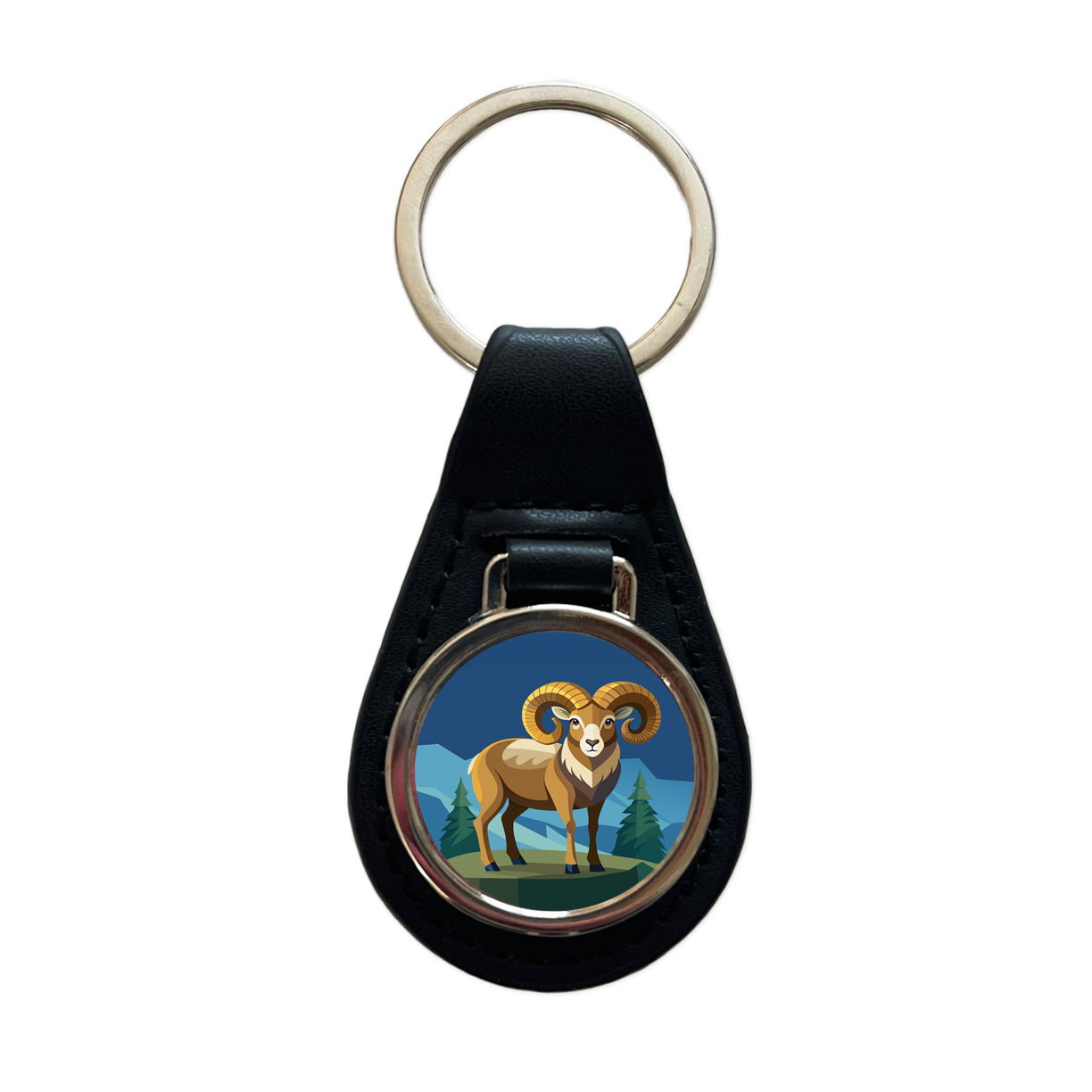 Bighorn Sheep Black Leather Metal Keychain