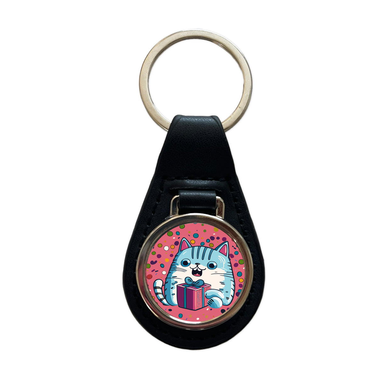 Birthday Cat Blue Funny Black Leather Metal Keychain