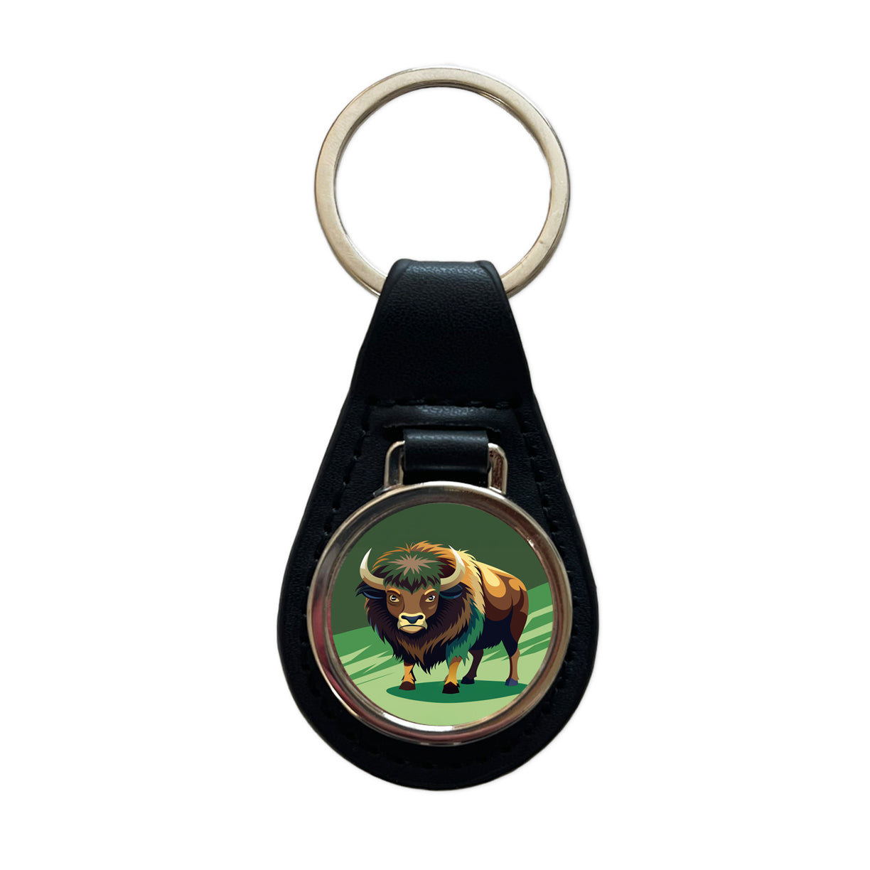 Bison Staring Black Leather Metal Keychain
