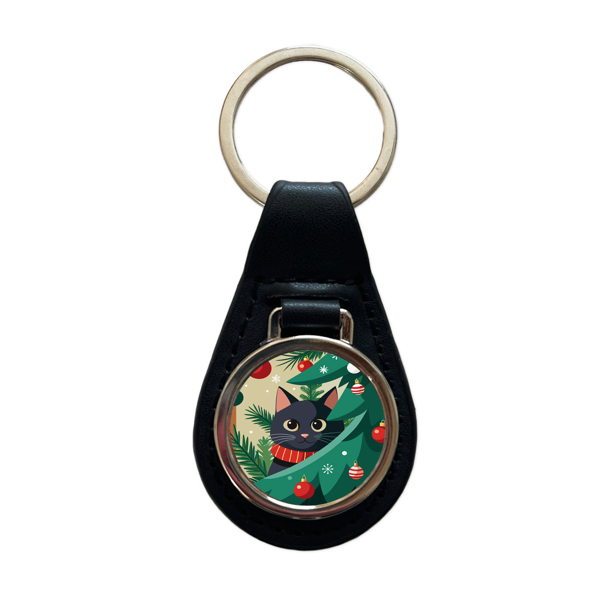 Black Cat Hiding in Christmas Tree Black Leather Metal Keychain