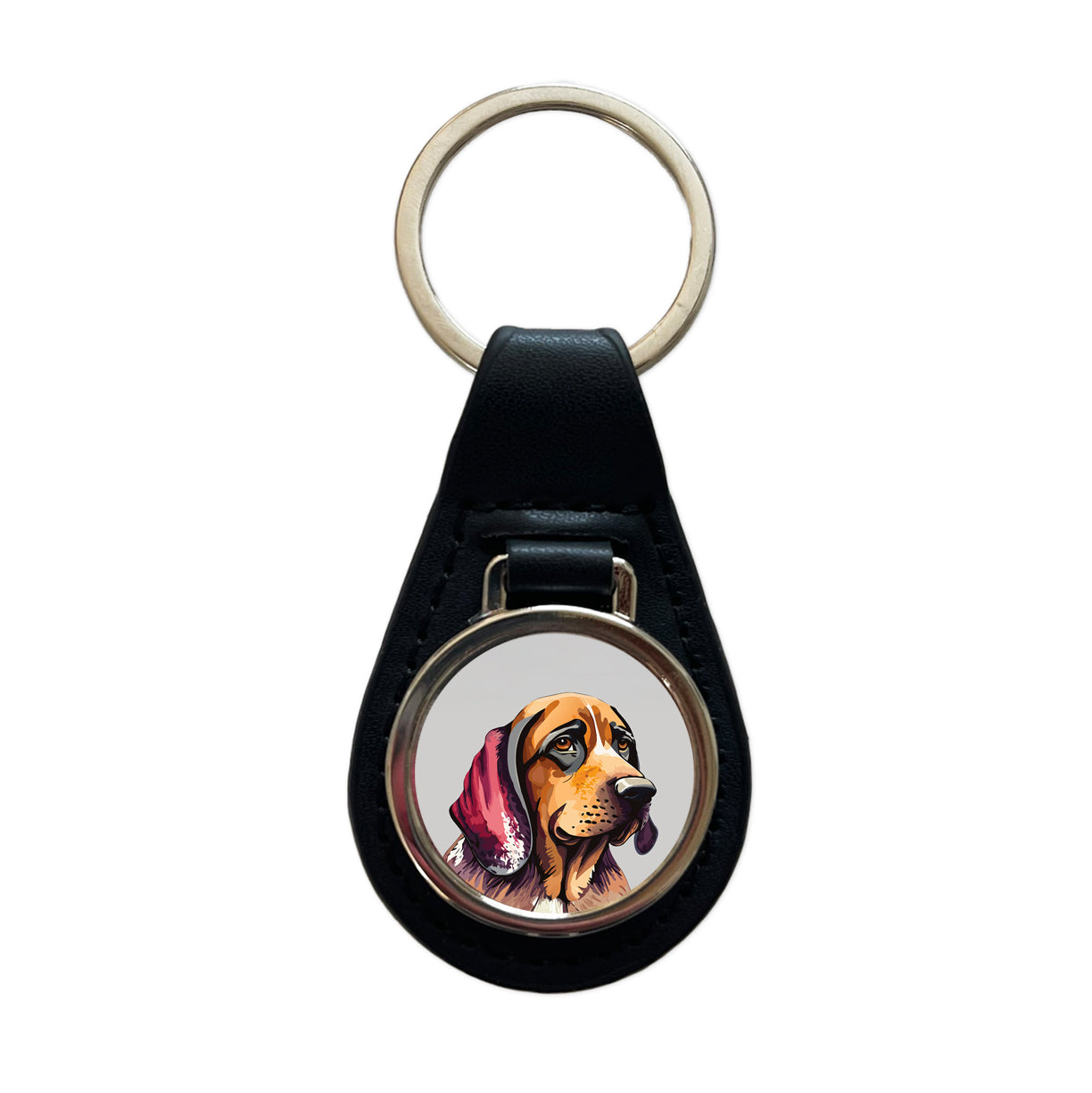 Bloodhound Dog Watercolor Black Leather Metal Keychain