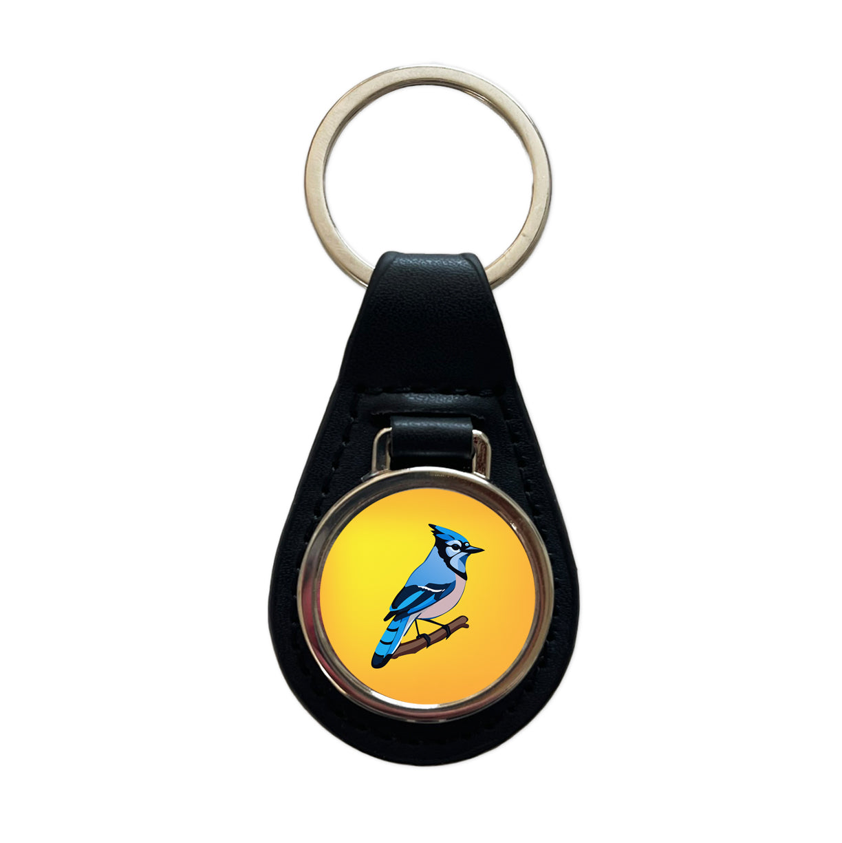 Blue Jay on Branch Black Leather Metal Keychain