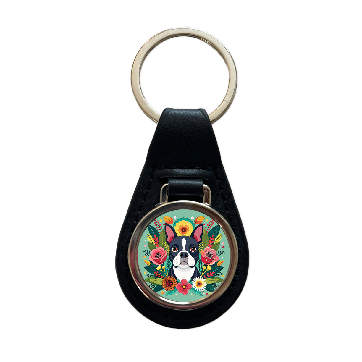 Boston Terrier Dog Floral Flowers Black Leather Metal Keychain