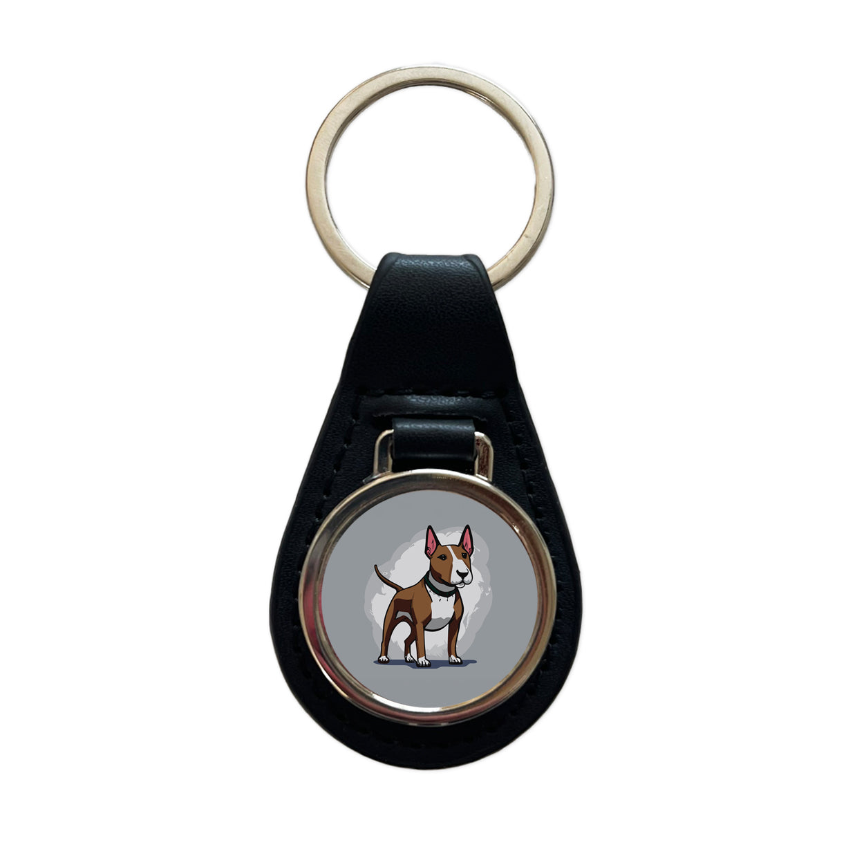 Bull Terrier Dog Standing Black Leather Metal Keychain
