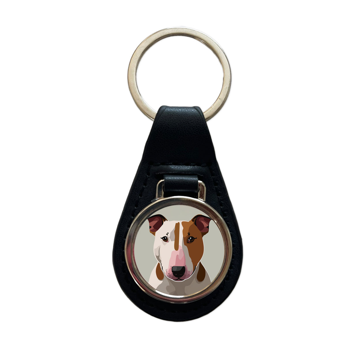 Bull Terrier Dog Staring Black Leather Metal Keychain
