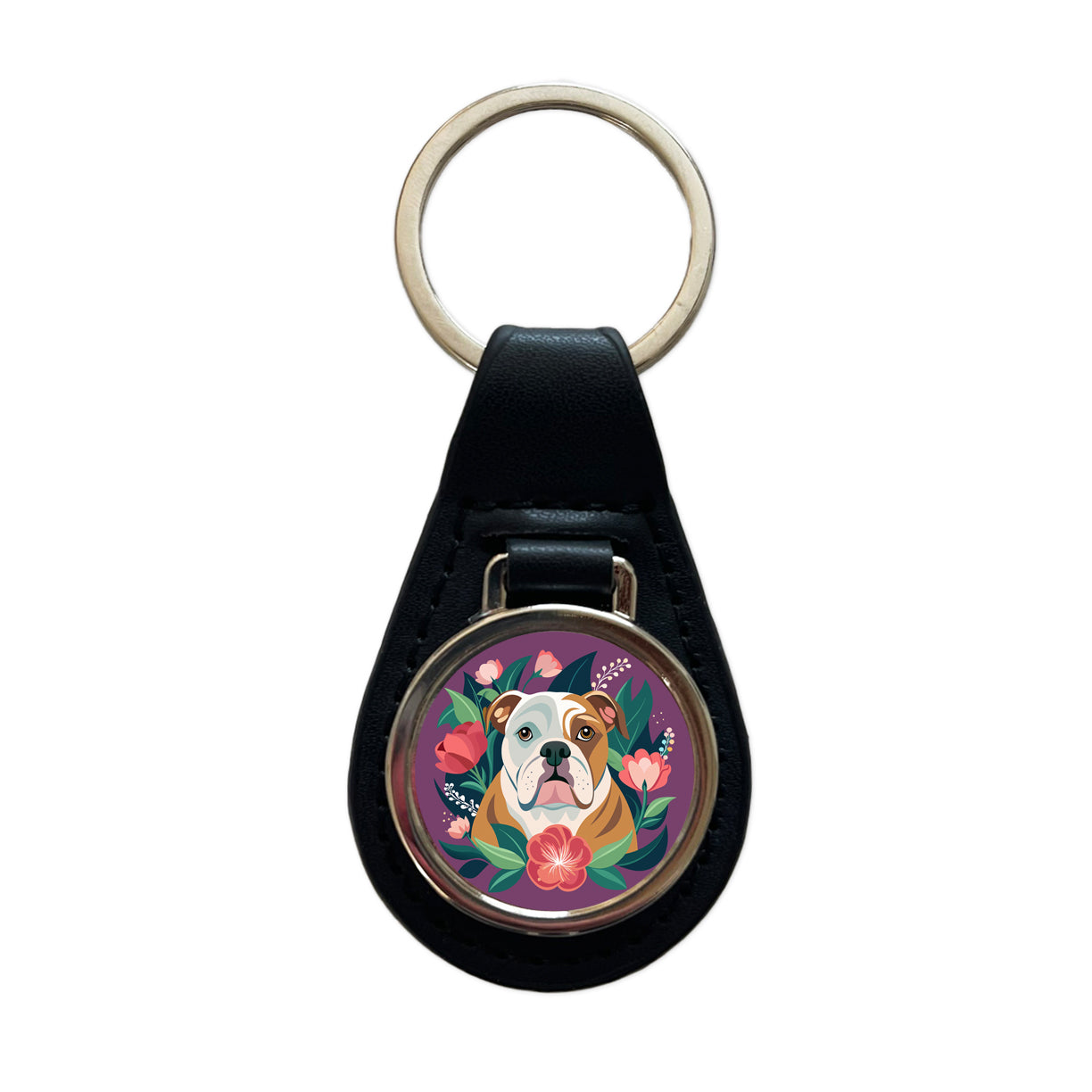 Bulldog Dog Floral Flowers Purple Background Black Leather Metal Keychain