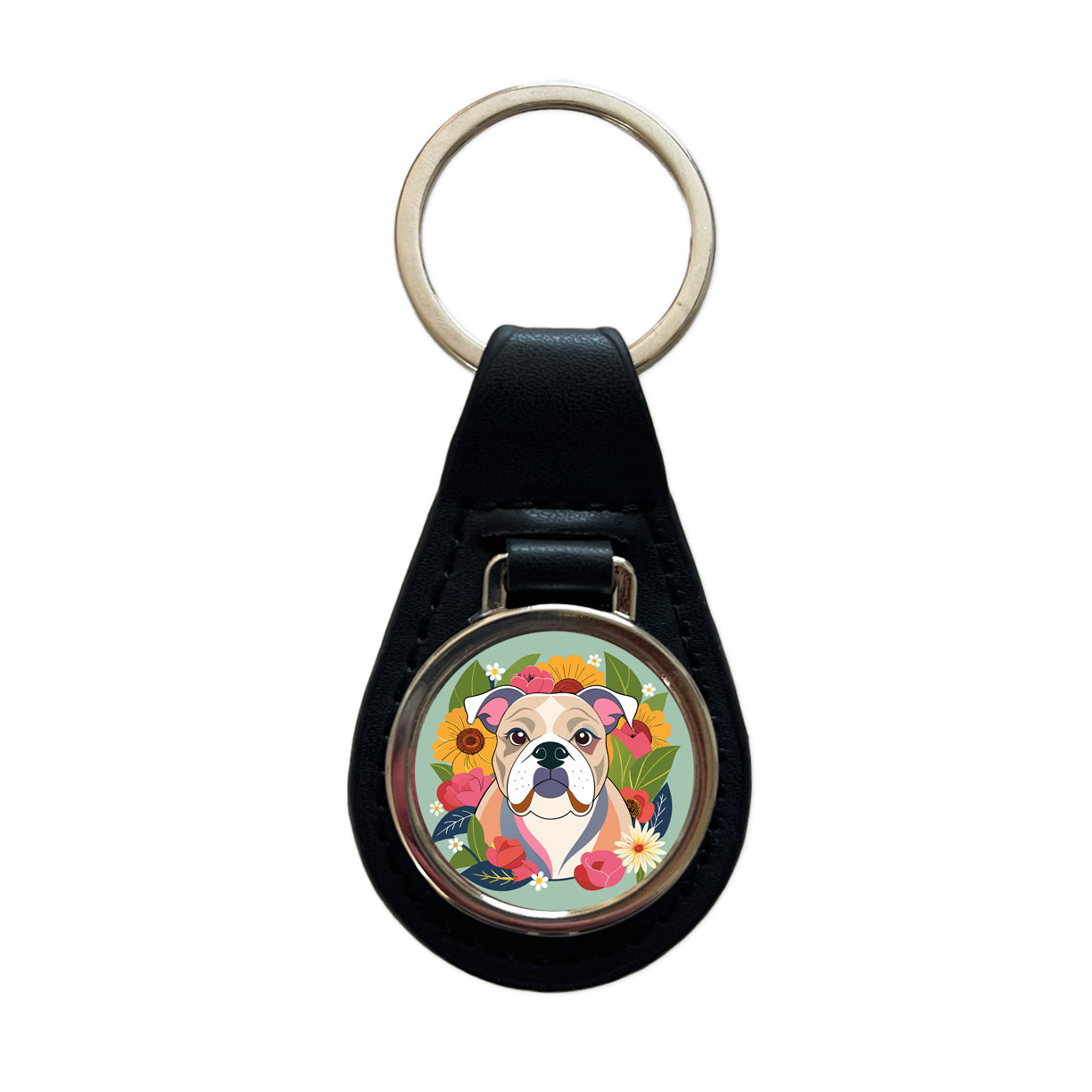 Bulldog Dog Floral Flowers Black Leather Metal Keychain