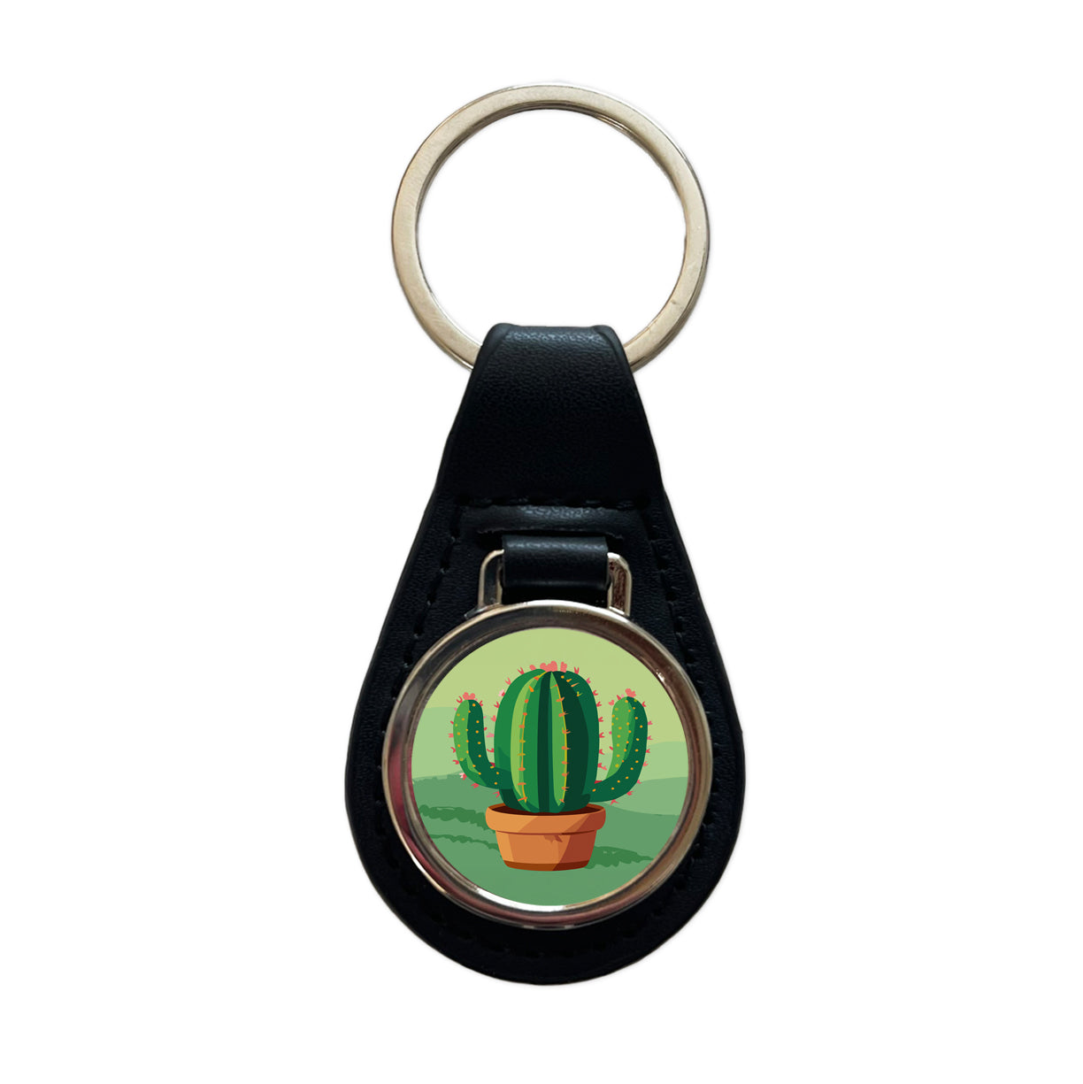 Cactus Green Black Leather Metal Keychain