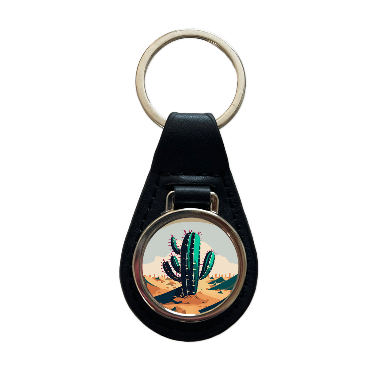 Cactus in the Desert Southwest Black Leather Metal Keychain