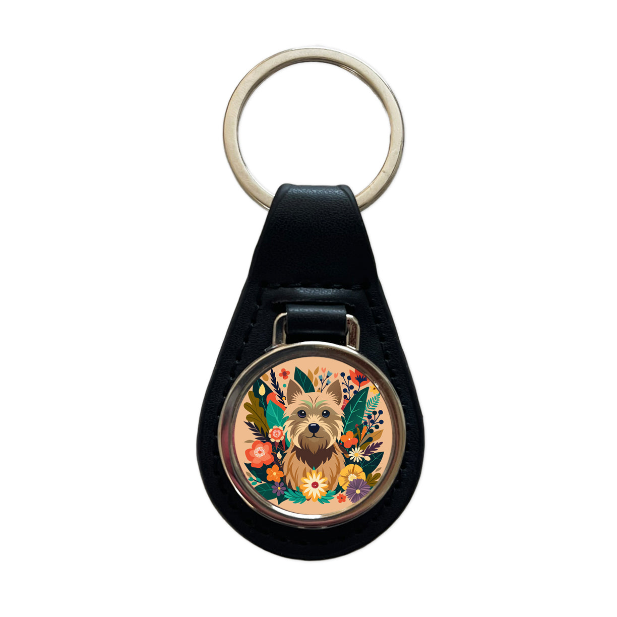 Cairn Terrier Dog Floral Flowers Black Leather Metal Keychain