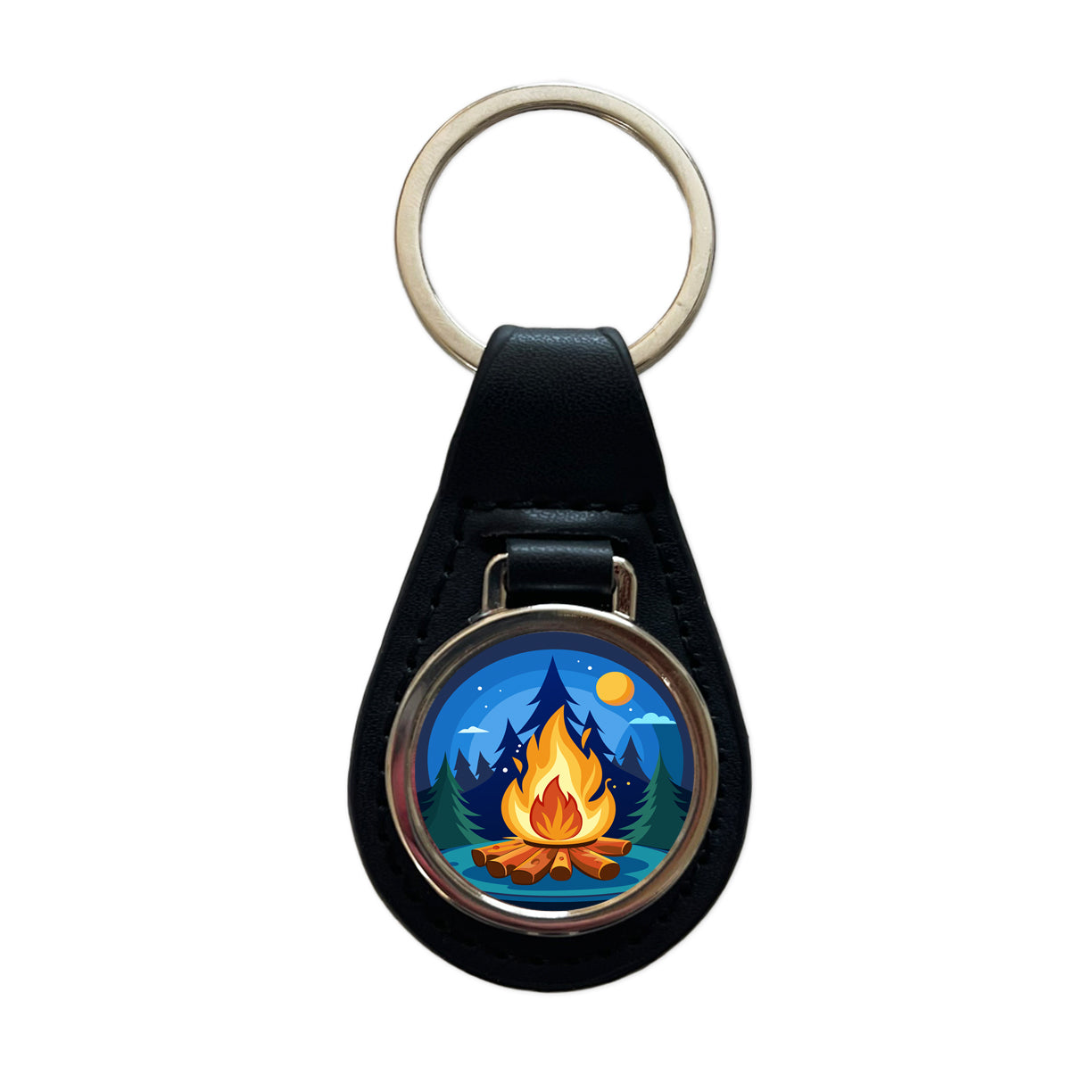Camp Fire Camping Black Leather Metal Keychain