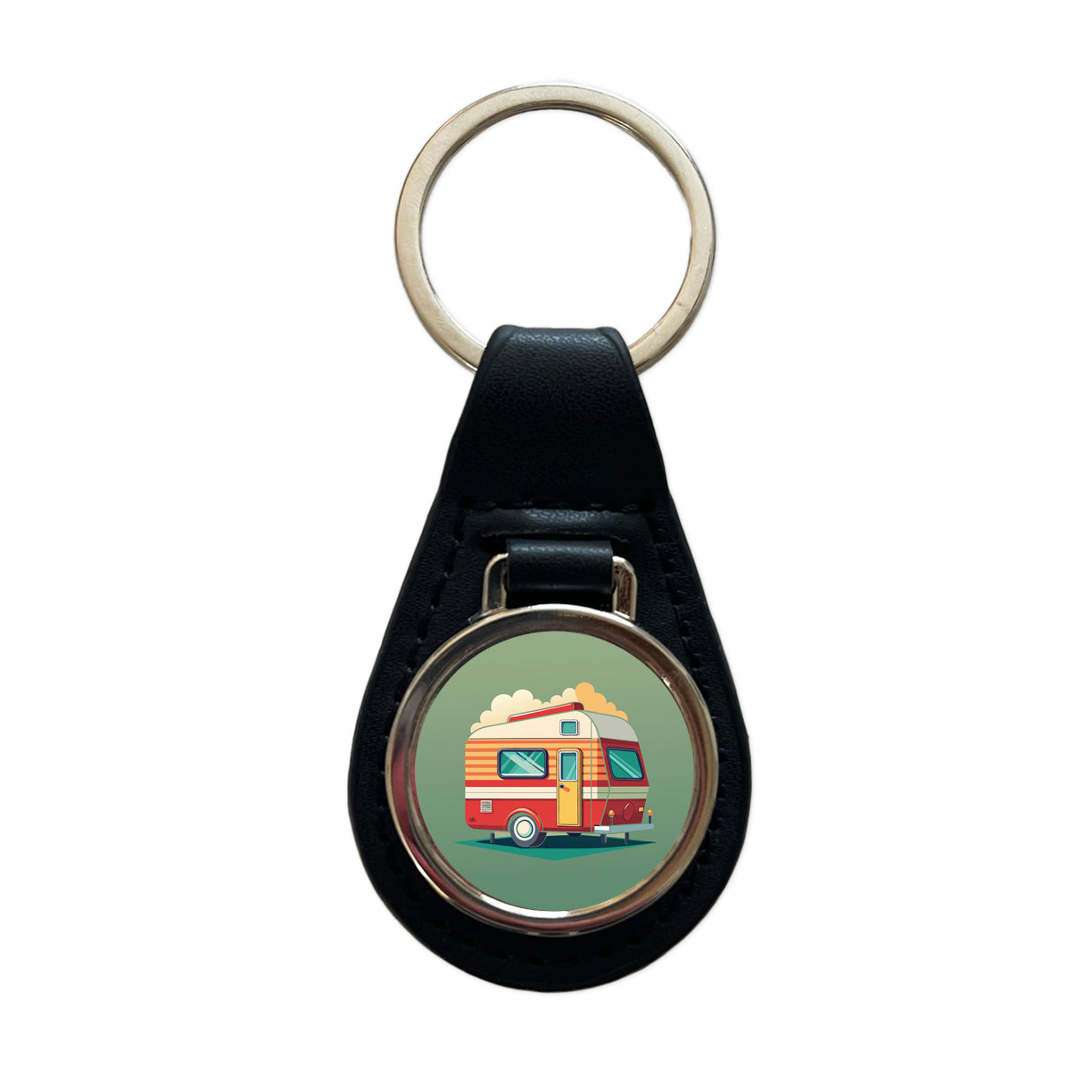 Camper RV Trailer Retro Black Leather Metal Keychain