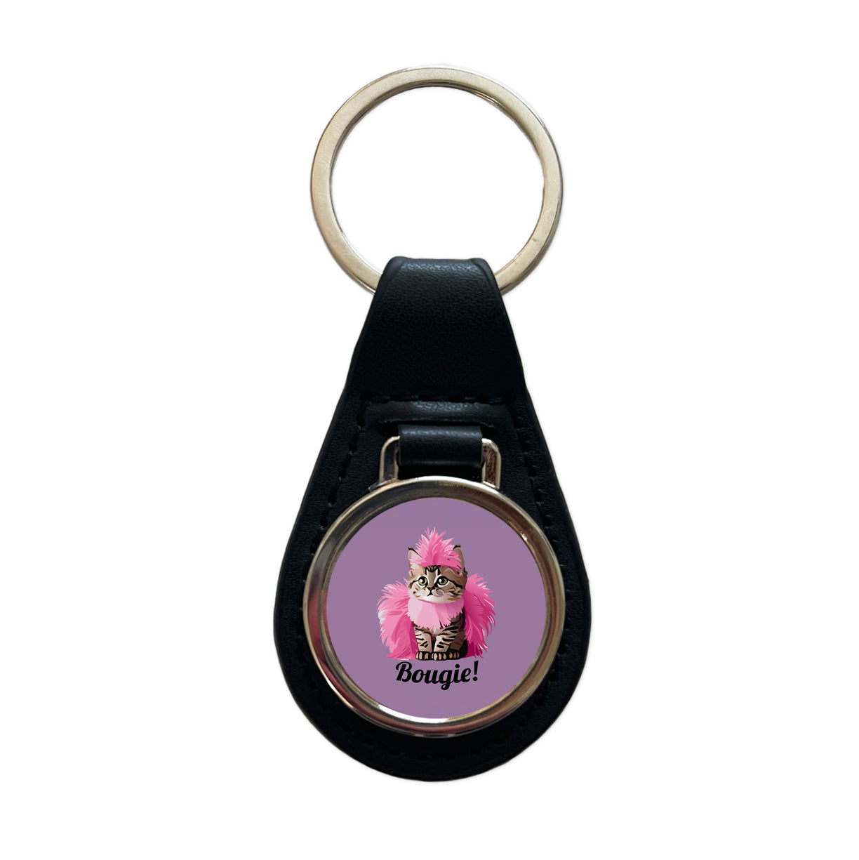 Cat Bougie Funny Pink Feather Boa Black Leather Metal Keychain