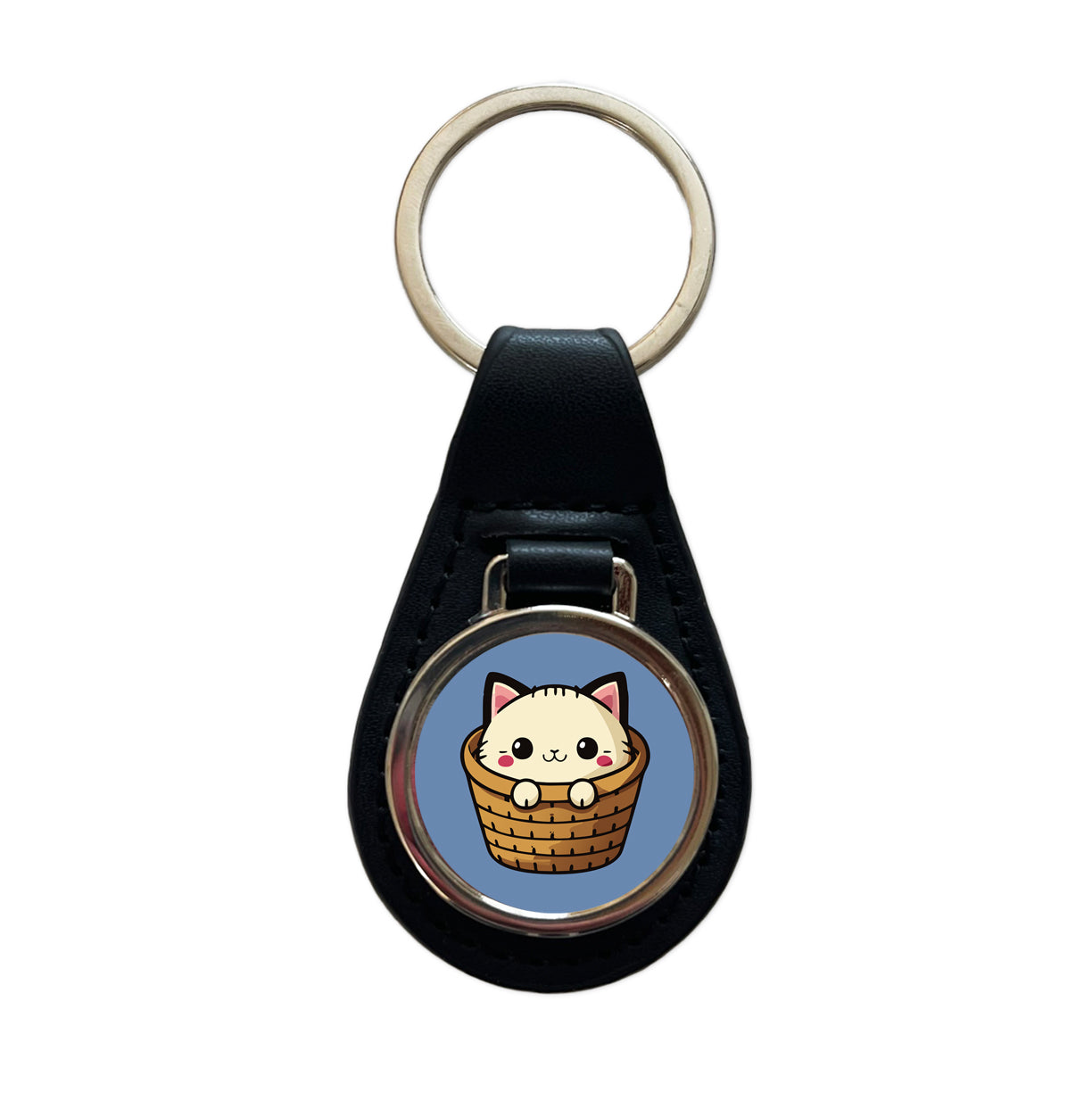 Cat Cute Chibi in Basket Black Leather Metal Keychain