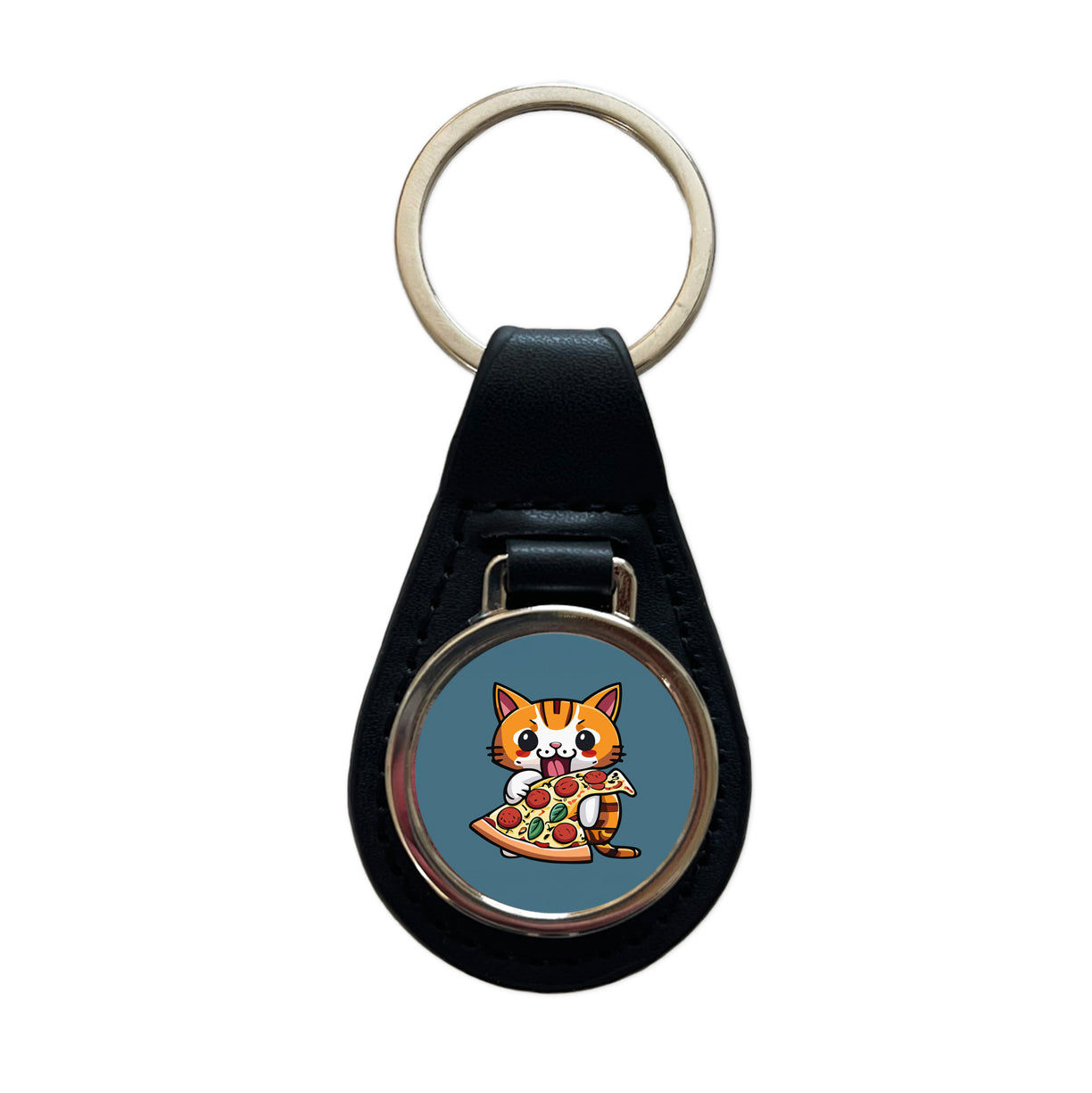 Cat Eating Pizza Funny Black Leather Metal Keychain