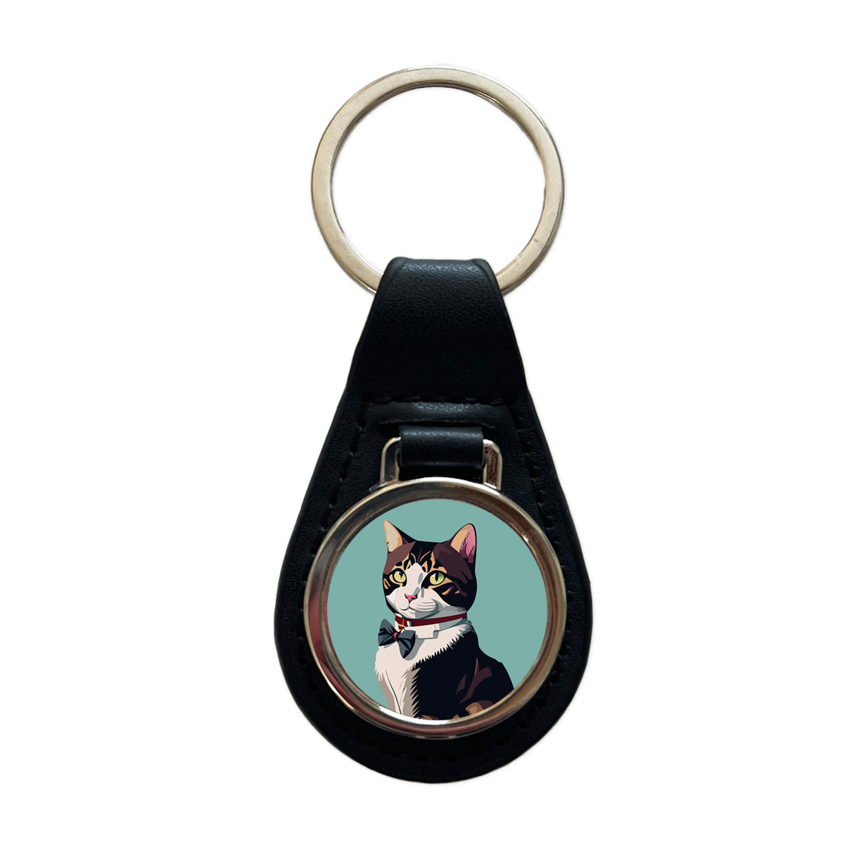 Cat Fancy with Bowtie Black Leather Metal Keychain