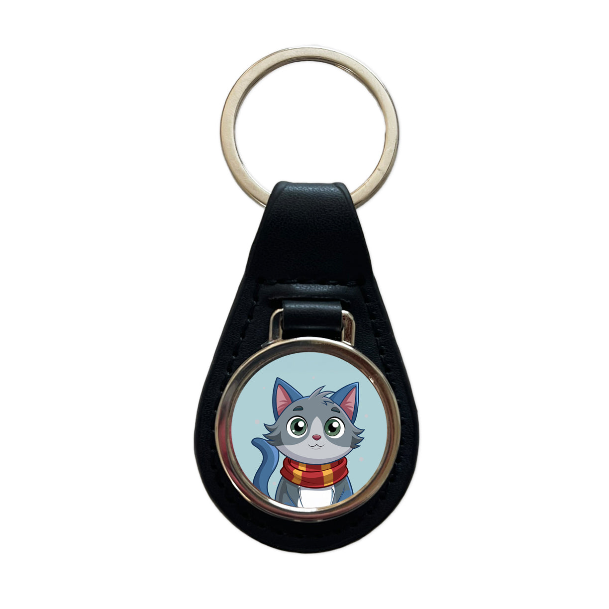 Cat Gray Wearing Winter Scarf Black Leather Metal Keychain
