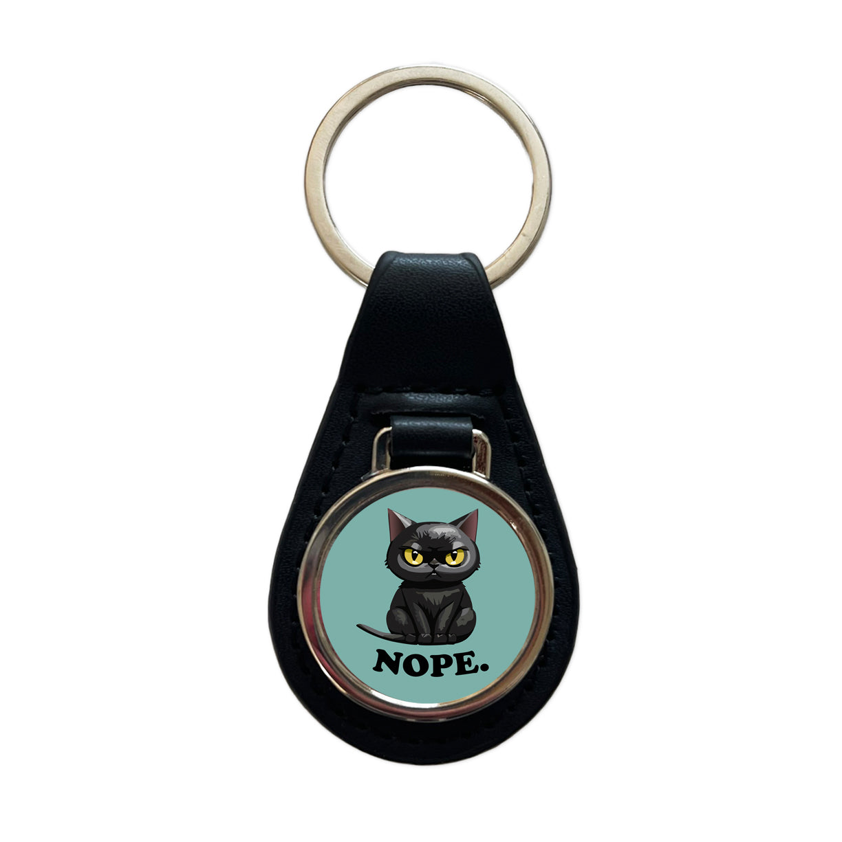Cat Nope Funny Black Black Leather Metal Keychain