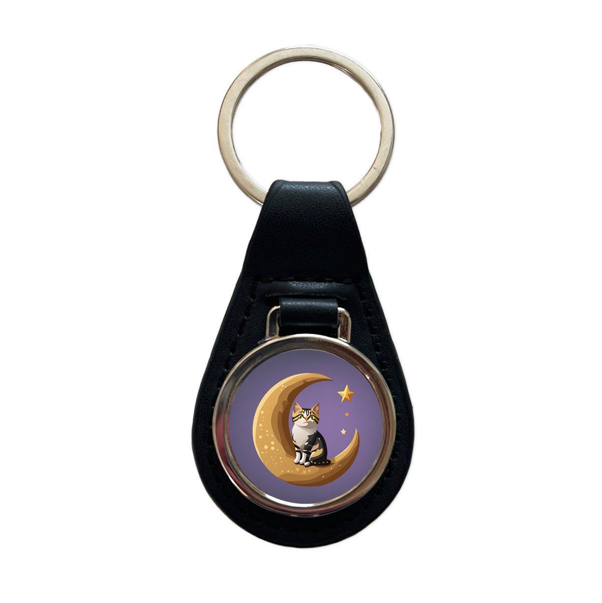 Cat on Crescent Moon Stars Cute Black Leather Metal Keychain