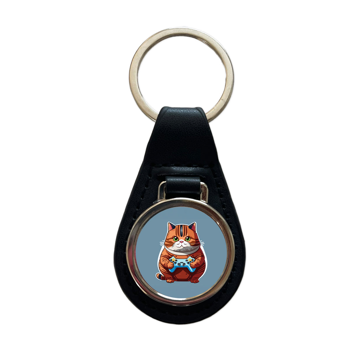 Cat Playing Game Gamer Gaming Chubby Black Leather Metal Keychain