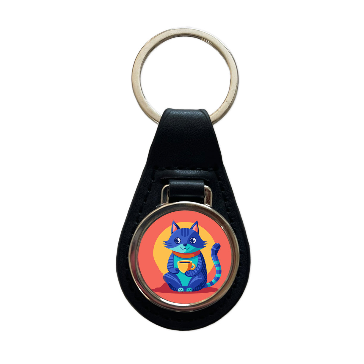 Cat Sipping Tea Black Leather Metal Keychain