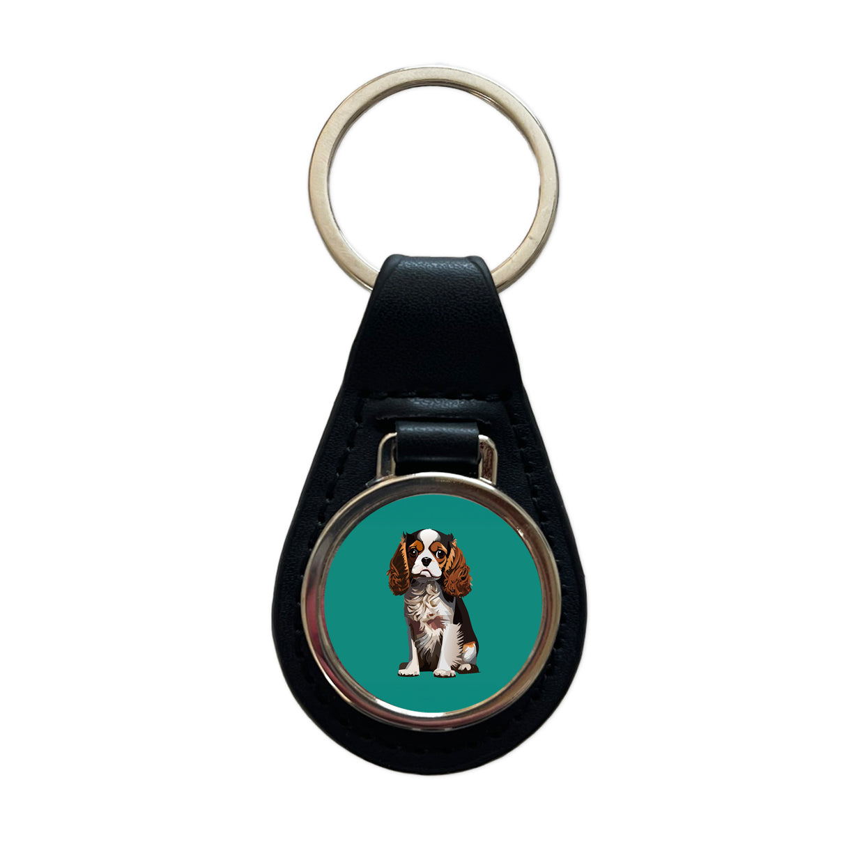 Cavalier King Charles Spaniel Dog Tricolour Tricolor Black Leather Metal Keychain