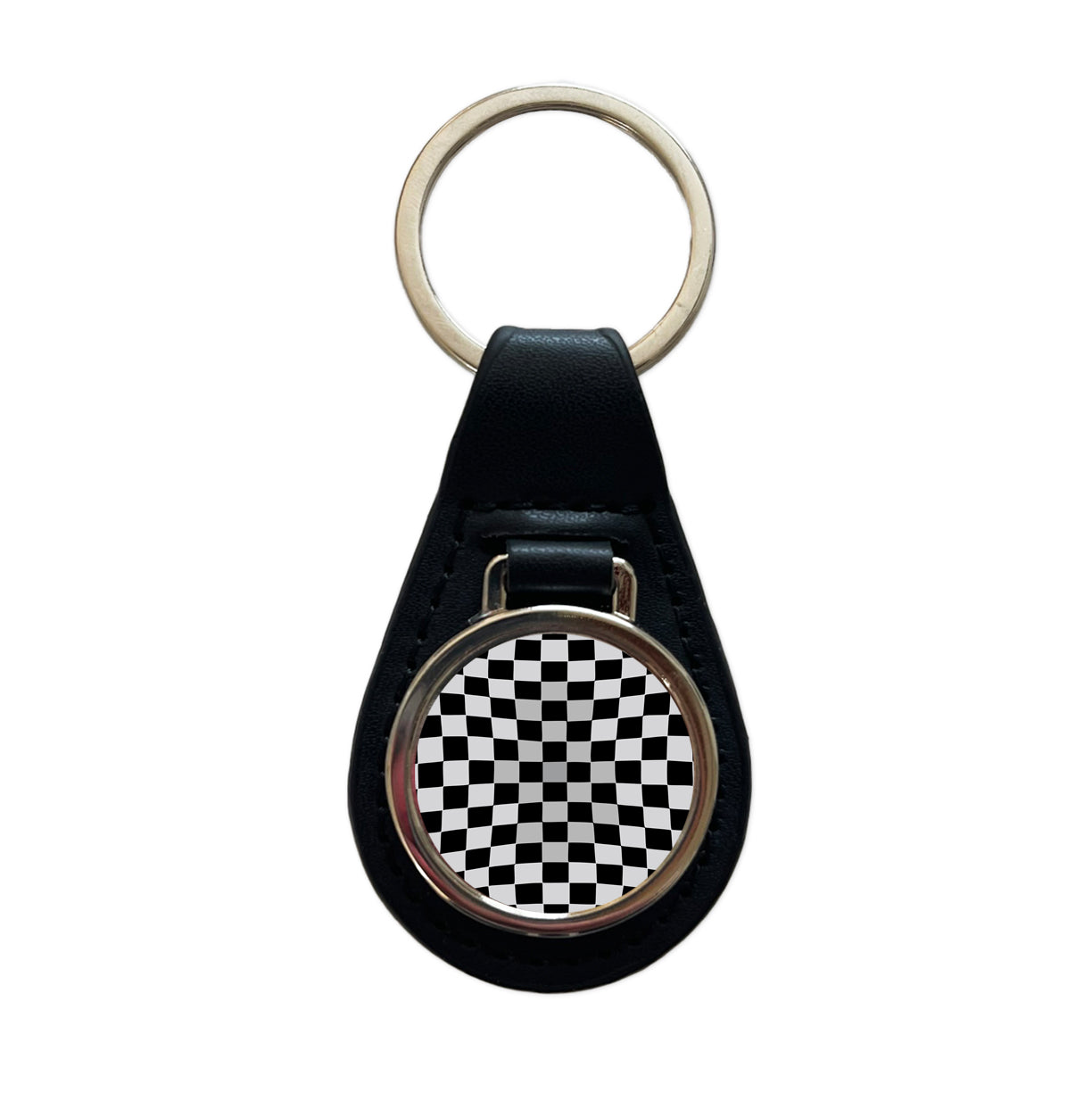 Checkered Flag Black White Black Leather Metal Keychain