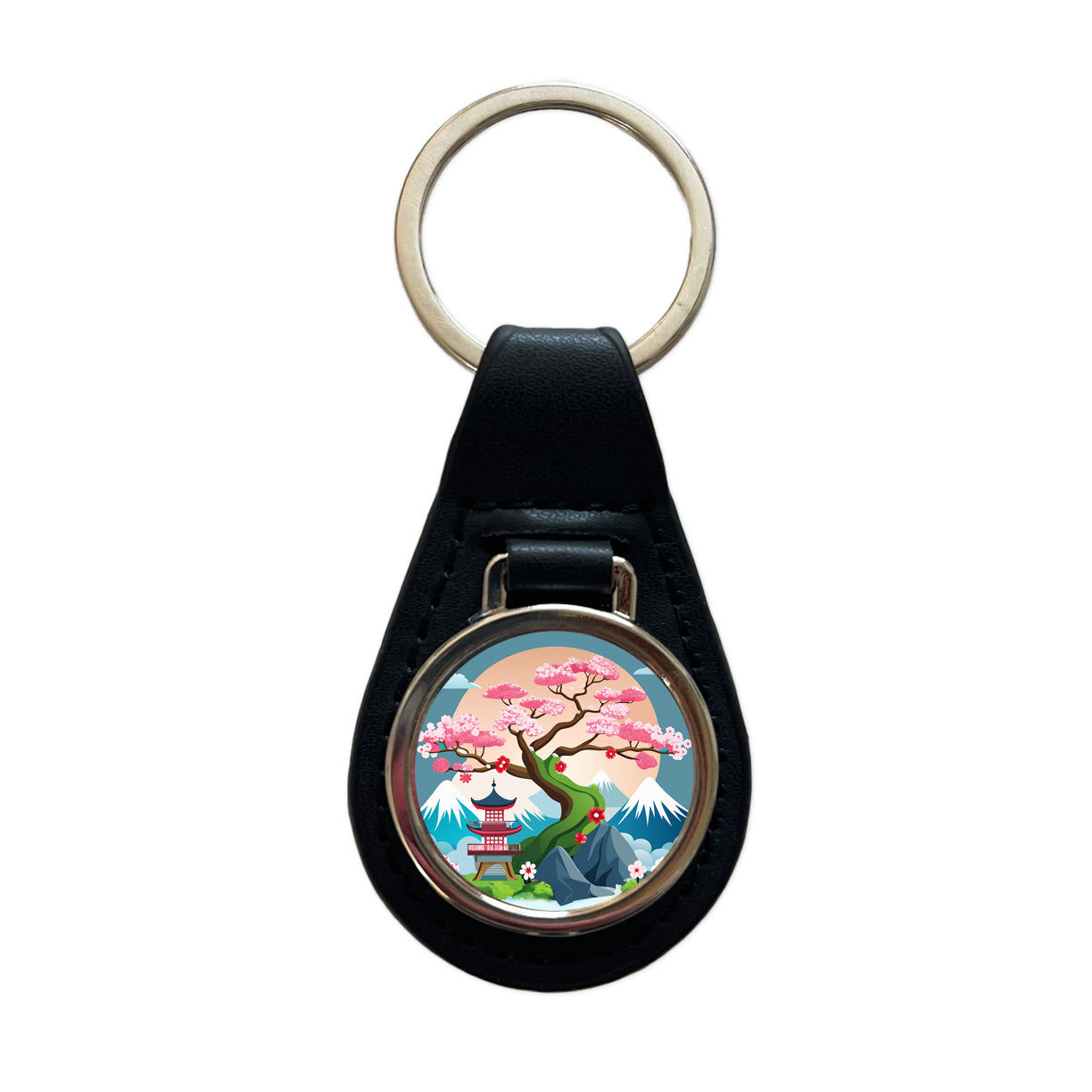 Cherry Blossom Tree Japanese Garden Black Leather Metal Keychain