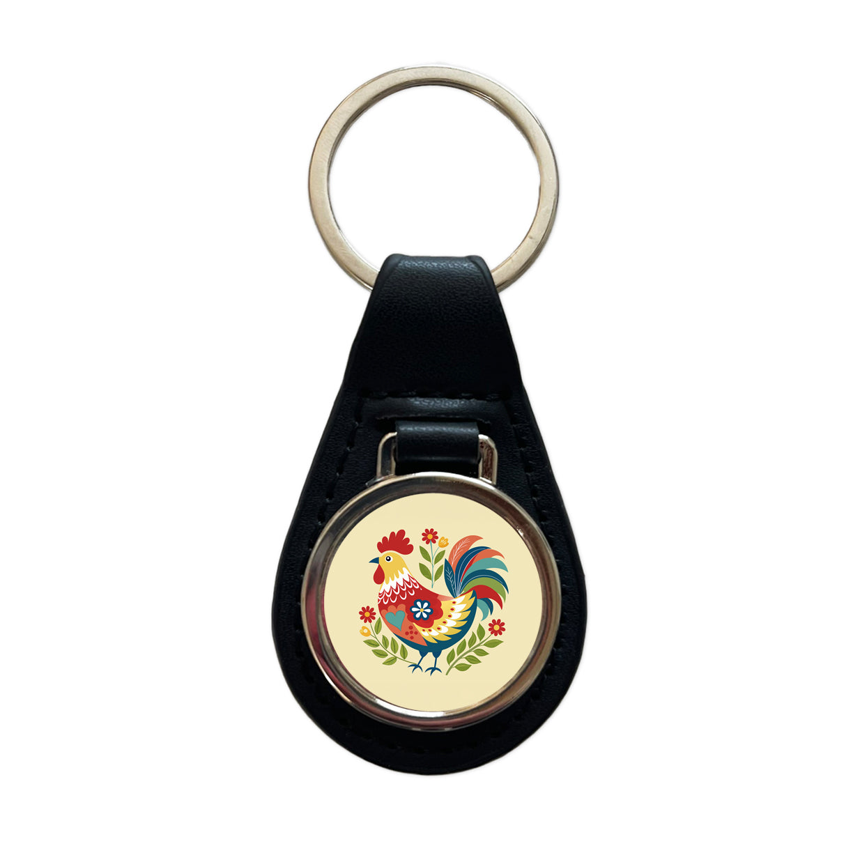 Chicken Rooster Flowers Black Leather Metal Keychain