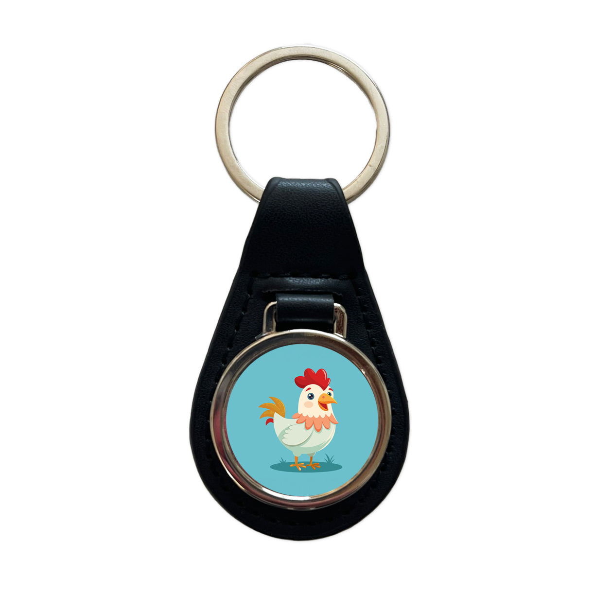 Chicken Rooster Happy Black Leather Metal Keychain