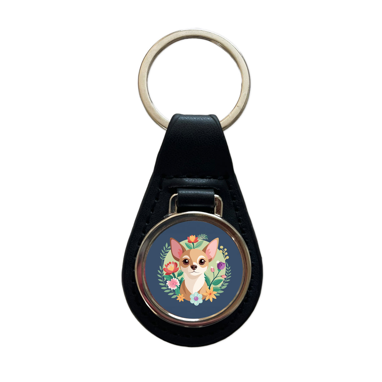 Chihuahua Dog Floral Flowers Black Leather Metal Keychain
