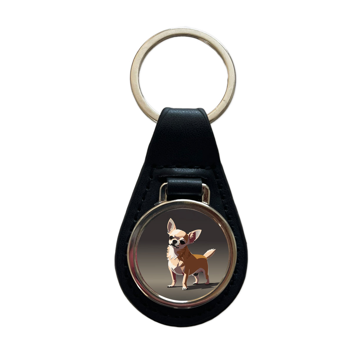 Chihuahua Dog Standing Black Leather Metal Keychain