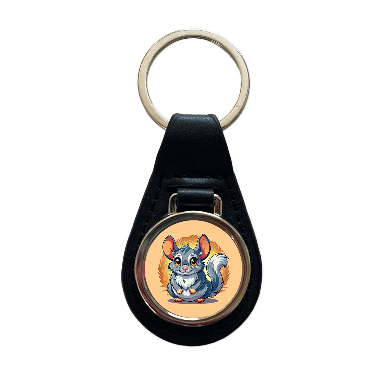 Chinchilla Cute Black Leather Metal Keychain
