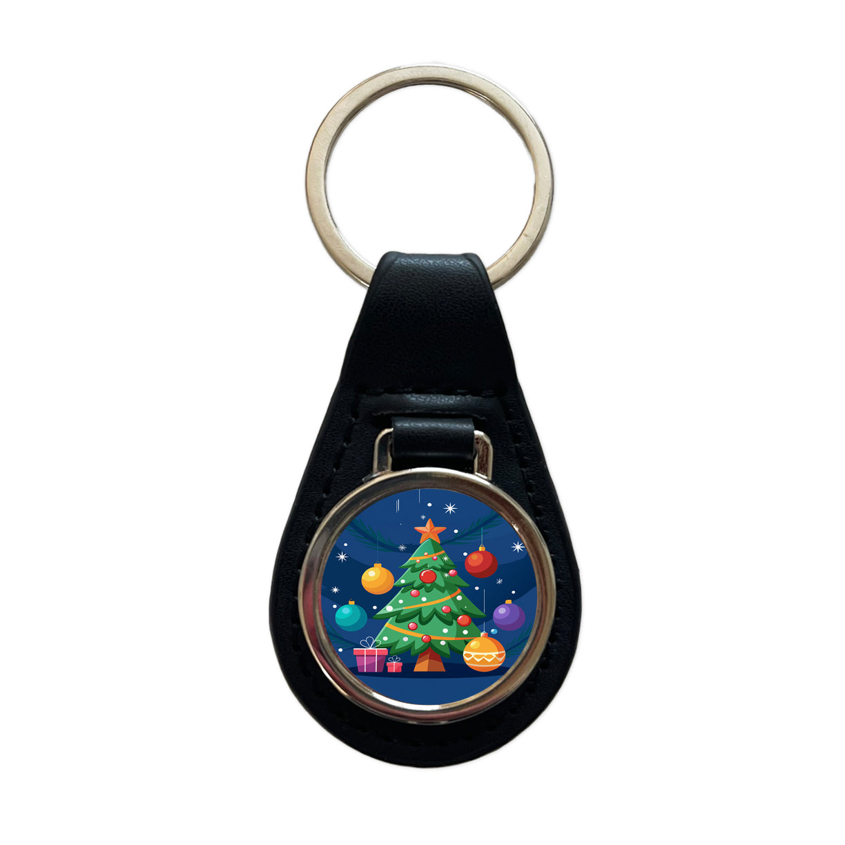 Christmas Tree and Ornaments Modern Black Leather Metal Keychain