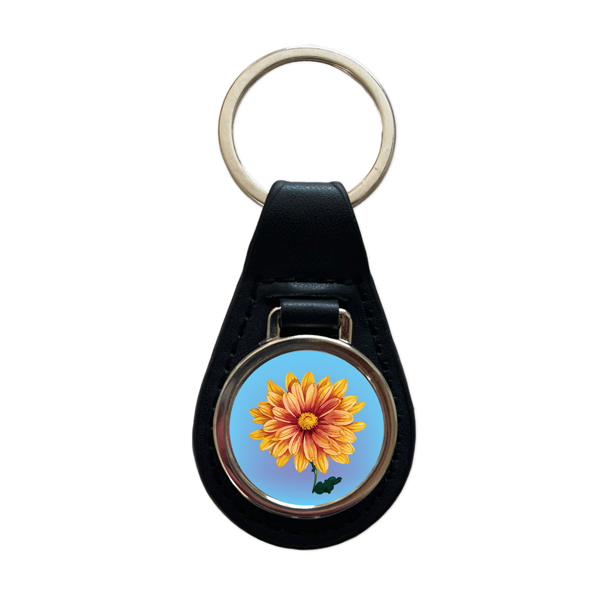 Chrysanthemum Mum Flower Yellow Watercolor Black Leather Metal Keychain