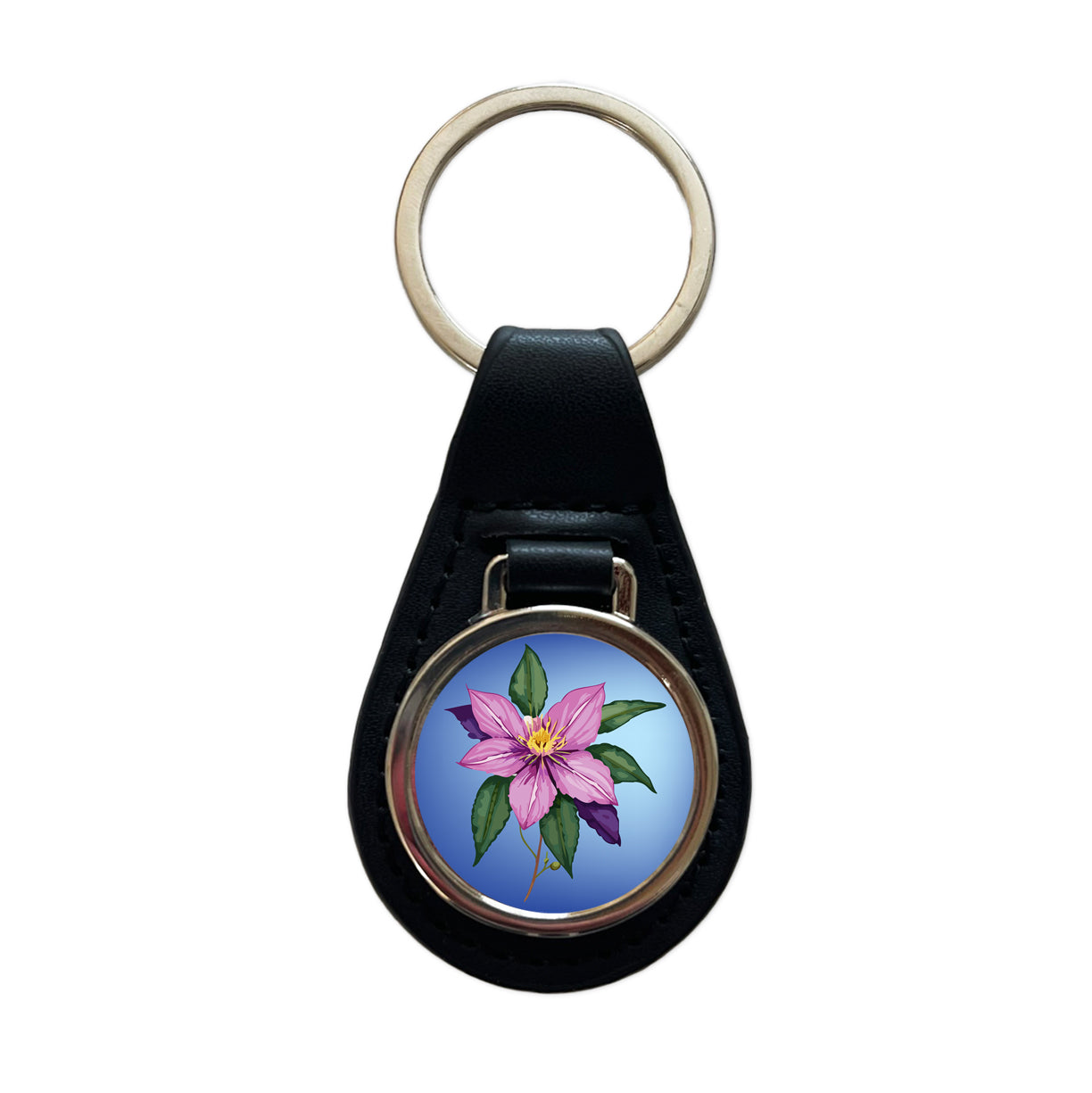 Clematis Flower Purple Watercolor Black Leather Metal Keychain