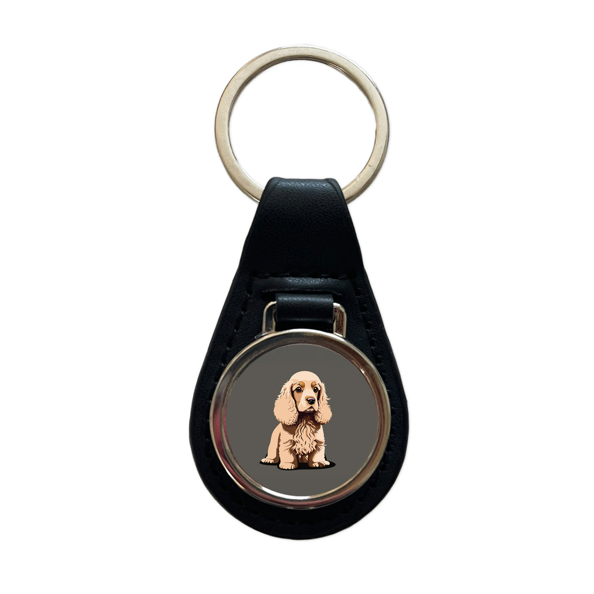 Cocker Spaniel Standing Black Leather Metal Keychain