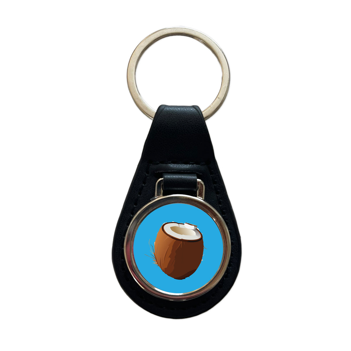 Coconut Tropical Fruit Black Leather Metal Keychain