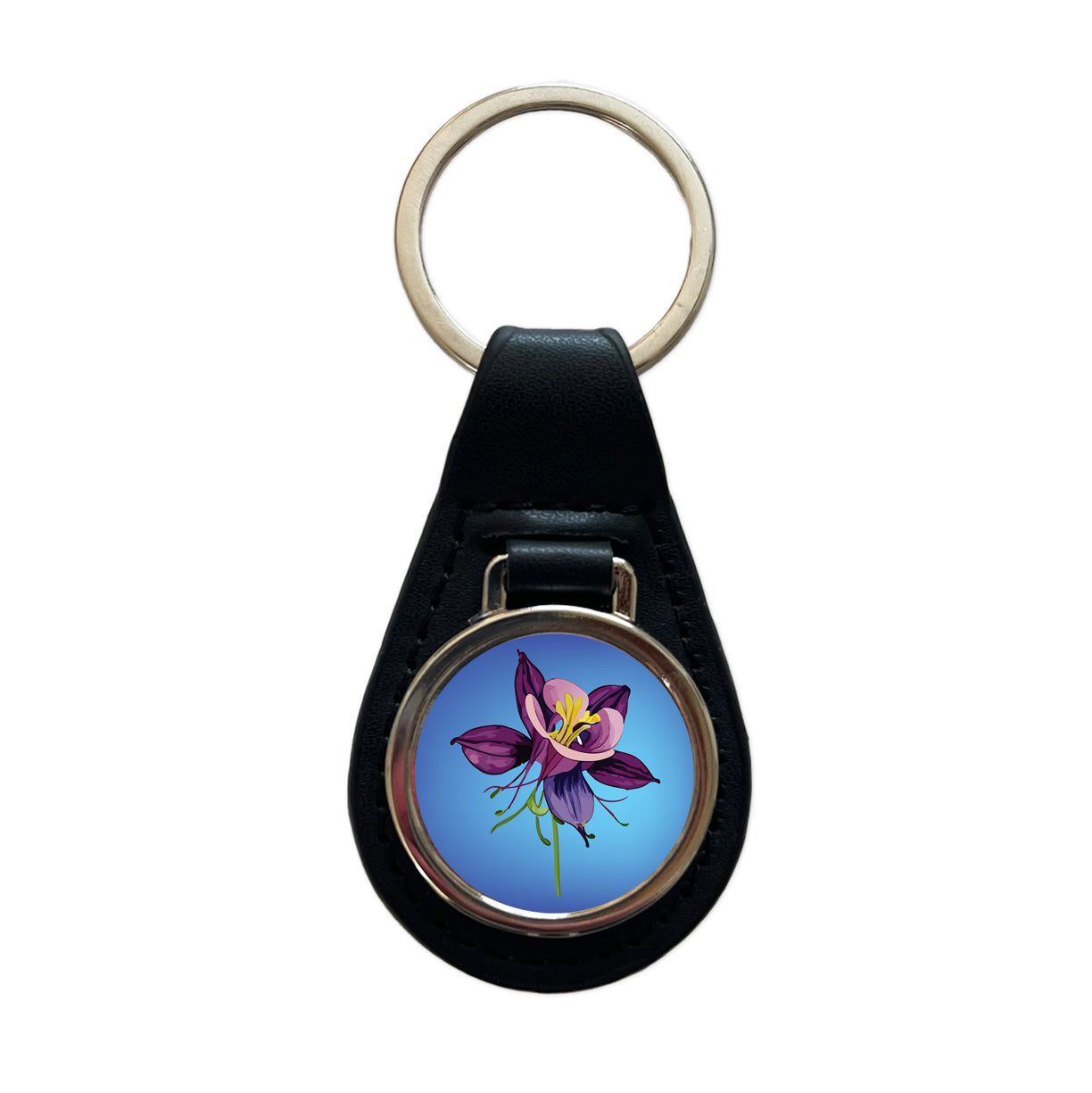 Columbine Flower Watercolor Purple Black Leather Metal Keychain