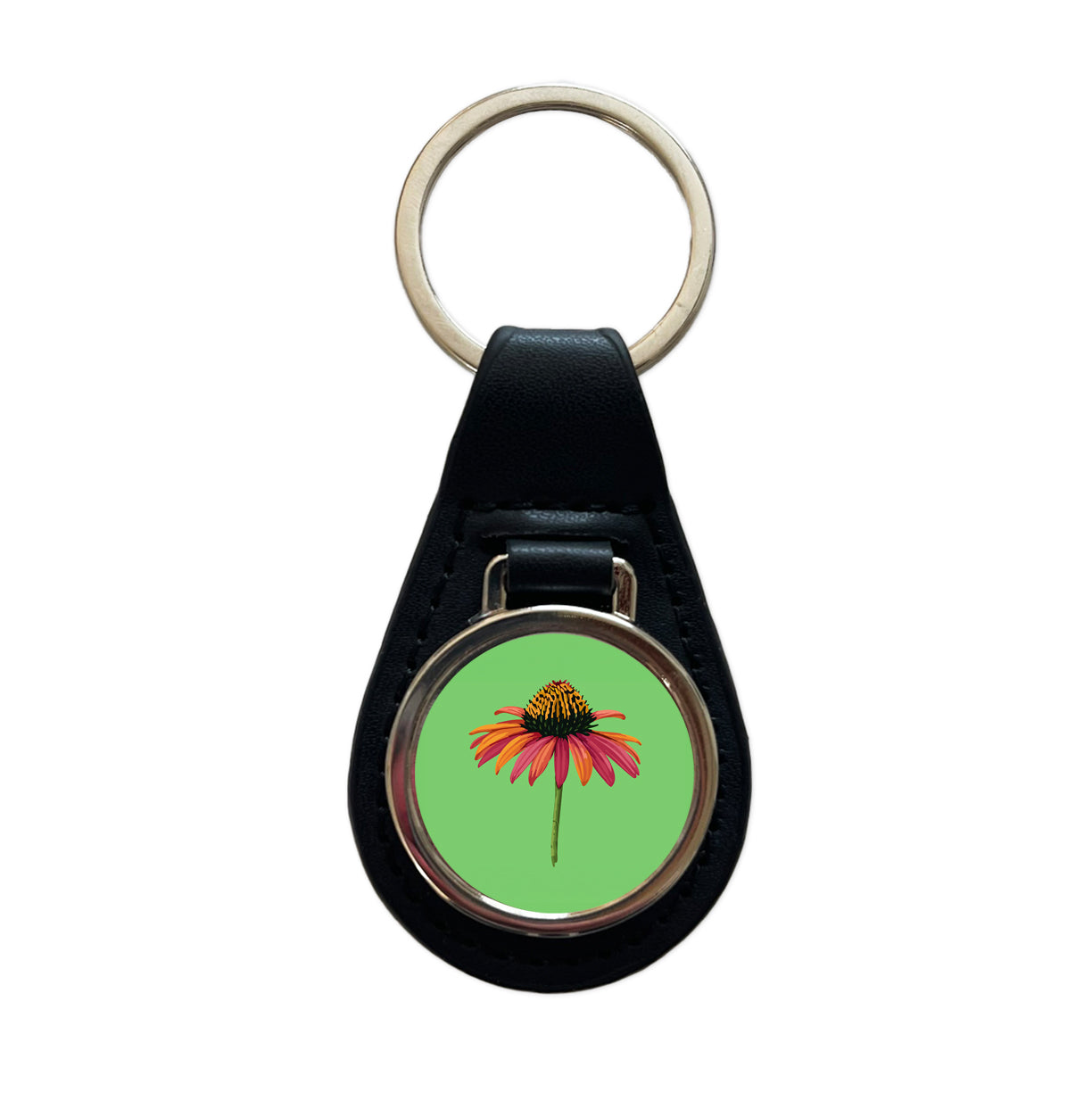 Coneflower Flower Watercolor Black Leather Metal Keychain